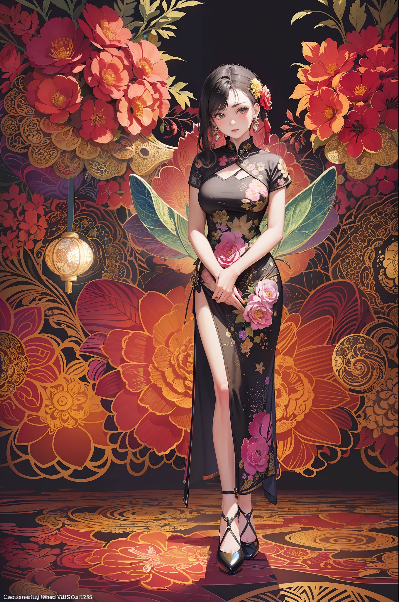 (masterpiece, top quality, best quality, official art, beautiful and aesthetic:1.2), (1girl:1.3), extremely detailed,(fractal art:1.1),(colorful:1.1)(flowers:1.3),highest detailed,(zentangle:1.2), (dynamic pose), (abstract background:1.3), (chinese dress:1.2), (shiny skin), (many colors:1.4), ,(earrings:1.4),