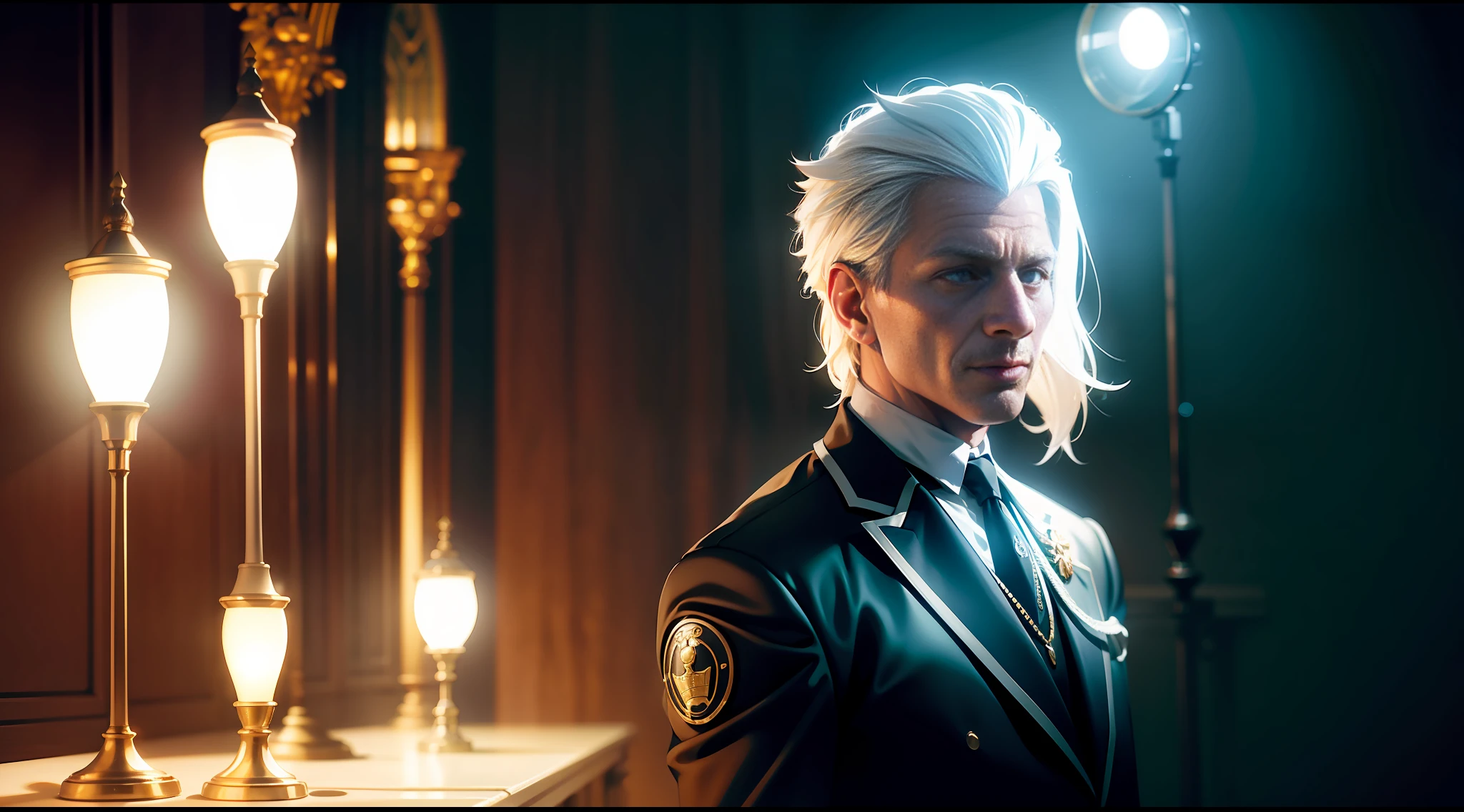Ball king Messi, white hair, Surrealism, cinematic lighting, viewfinder, pov, Hasselblad