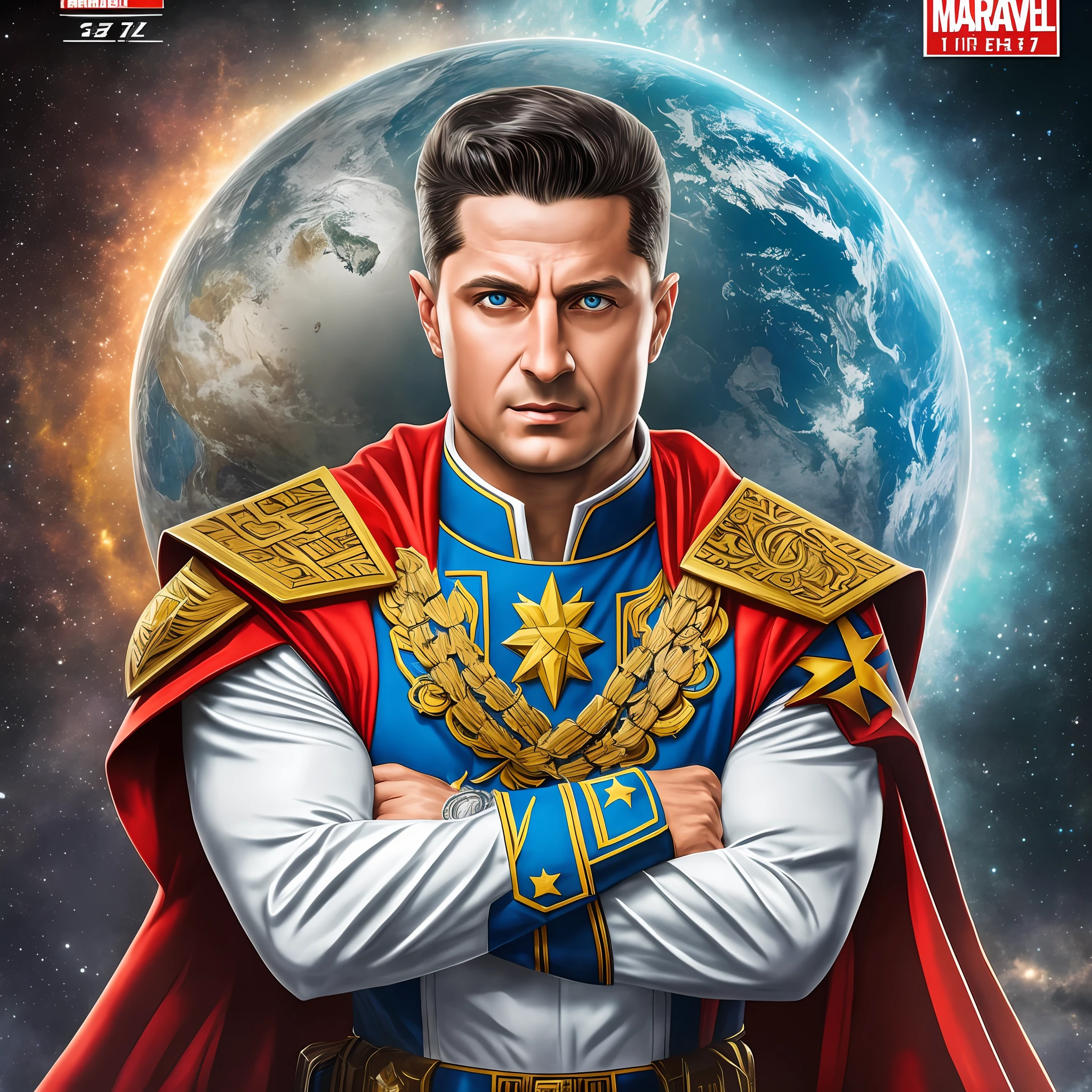 Extremely detailed and ultra-dynamic heroic portrait of Volodymir Zelensky, inspired by silver age Marvel comics. He stands before planet Earth, wearing the iconic and striking Ukrainian military uniform. --auto --s2