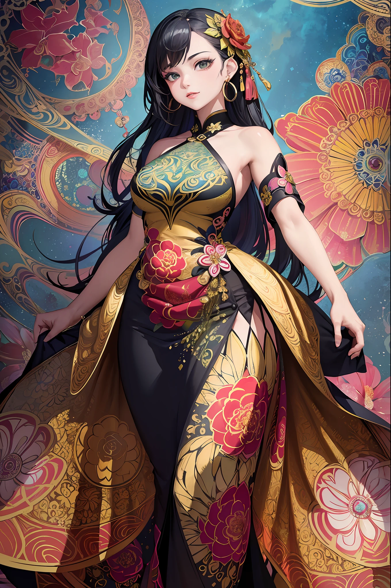 (masterpiece, top quality, best quality, official art, beautiful and aesthetic:1.2), (1girl:1.3), extremely detailed,(fractal art:1.1),(colorful:1.1)(flowers:1.3),highest detailed,(zentangle:1.2), (dynamic pose), (abstract background:1.3), (chinese dress:1.2), (shiny skin), (many colors:1.4), ,(earrings:1.4),