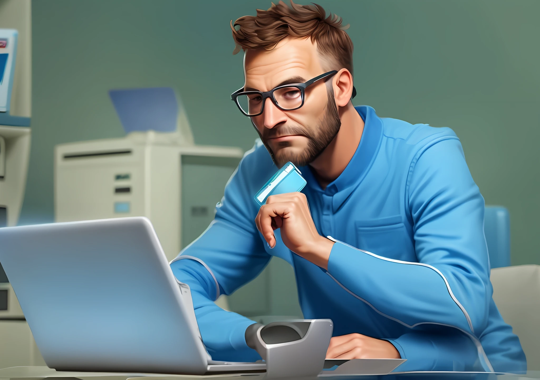 Man messing around on computer, credit card in hand, high quality