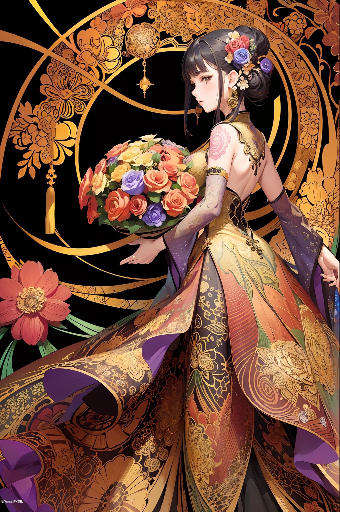 (masterpiece, top quality, best quality, official art, beautiful and aesthetic:1.2), (1girl:1.3), extremely detailed,(fractal art:1.1),(colorful:1.1)(flowers:1.3),highest detailed,(zentangle:1.2), (dynamic pose), (abstract background:1.3), (chinese dress:1.2), (shiny skin), (many colors:1.4), ,(earrings:1.4),