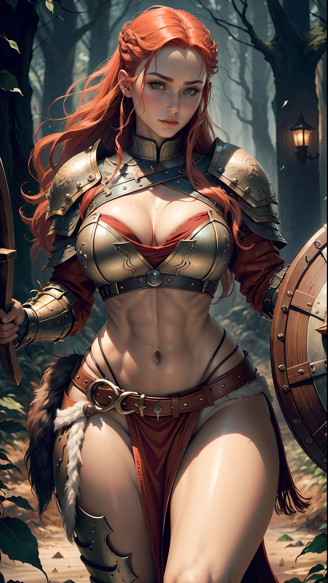 Beautiful viking woman holding shield red hair extremely sexy clothes, large firm breasts, toned muscles, wolf skin on armor, abdomen and pectoral visible