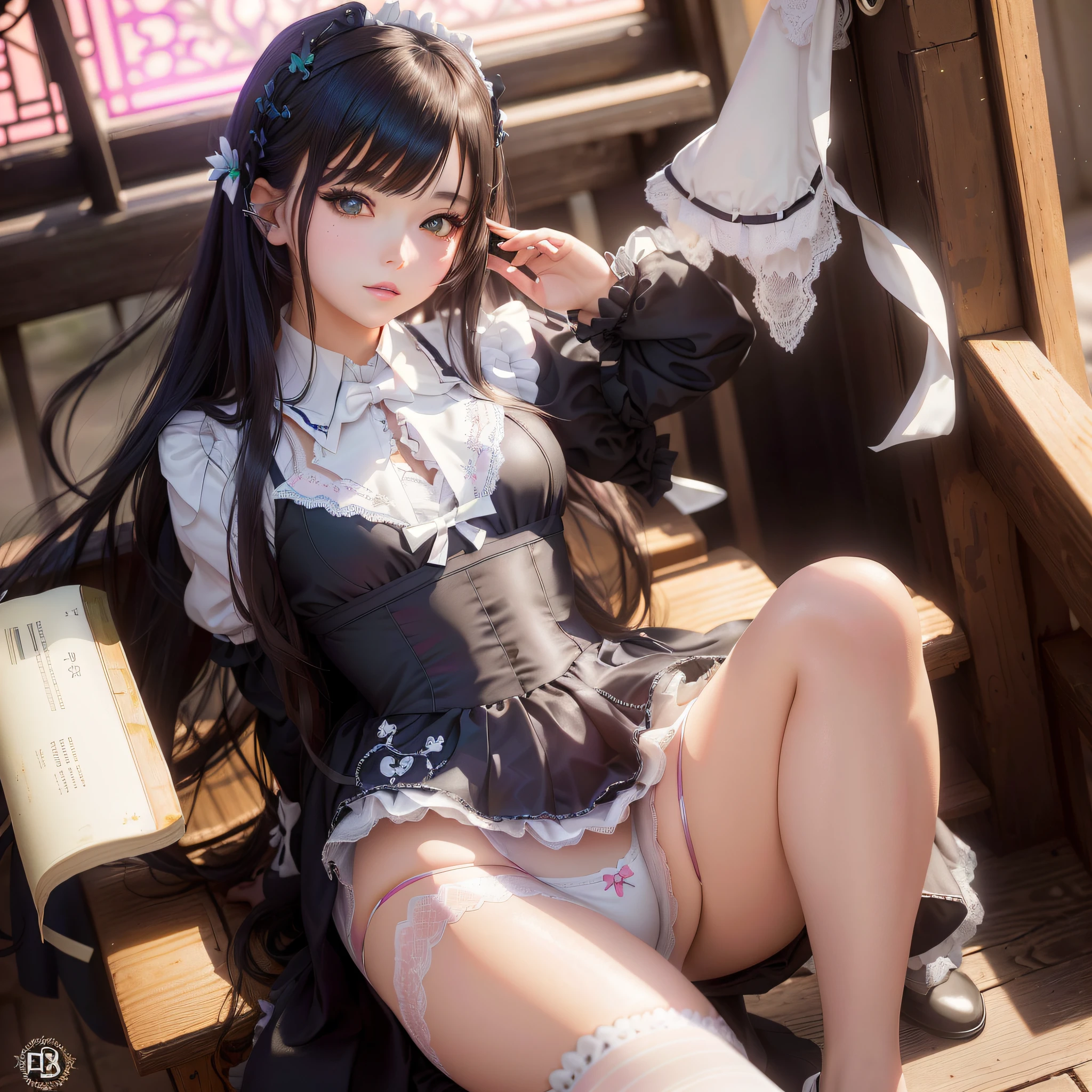 araffed woman in a maid outfit sitting on a bench, gorgeous maid, anime girl in a maid costume, maid outfit, trending on cgstation, a sexy maid in a magical forest, cosplay of a catboy! maid! dress, anime girl cosplay, the anime girl is crouching, seductive anime girl, small curvy