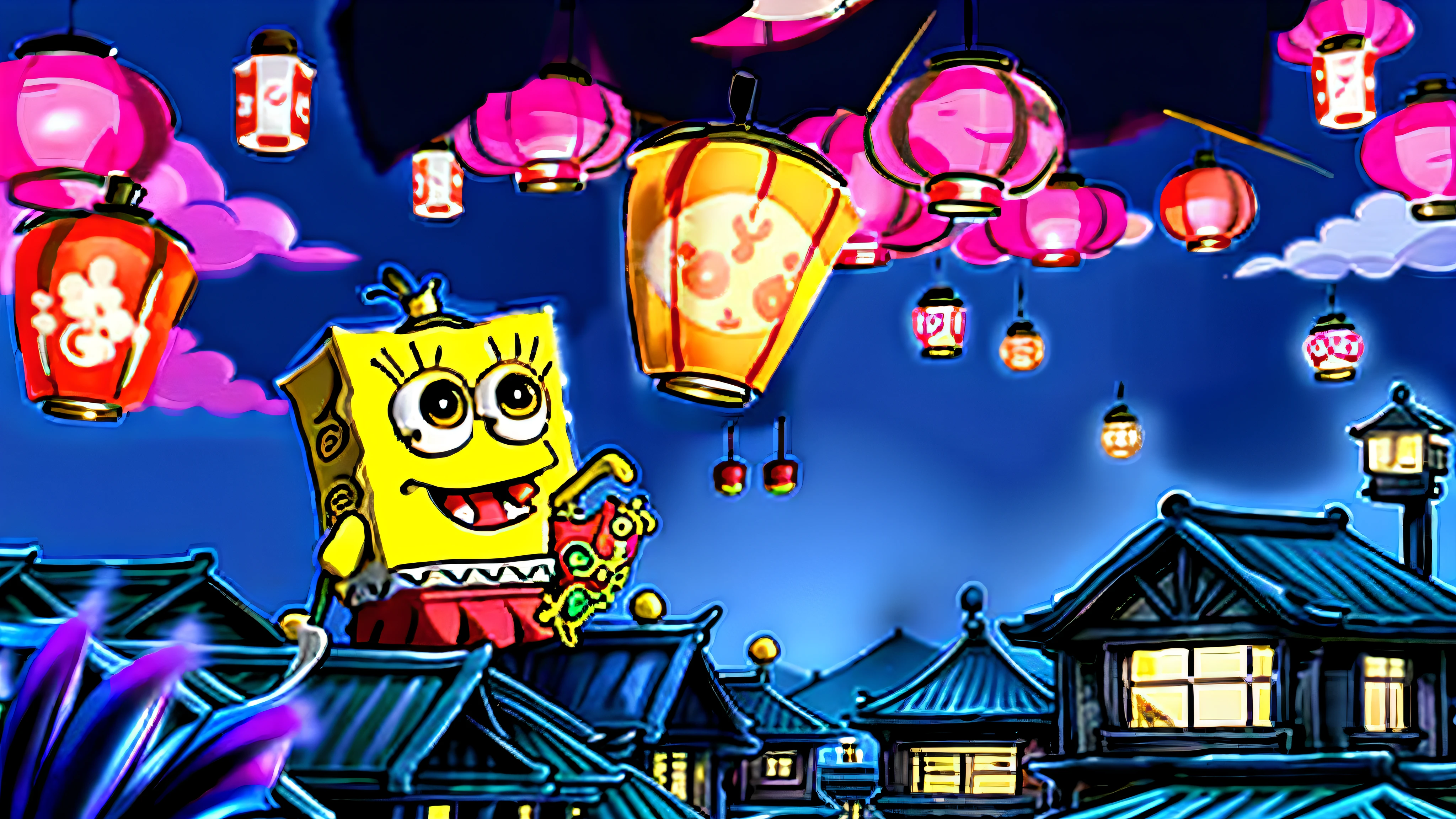 cartoon spongebob sitting on a roof with a bunch of lanterns in the sky, spongebob squarepants, sponge bob, 王琛, spongebob, 千 葉 雄 大, wallpaper - 1 0 2 4, spongy, 中 元 节, kongming lanterns in the sky, nights, spongebob cthulhu nightmare