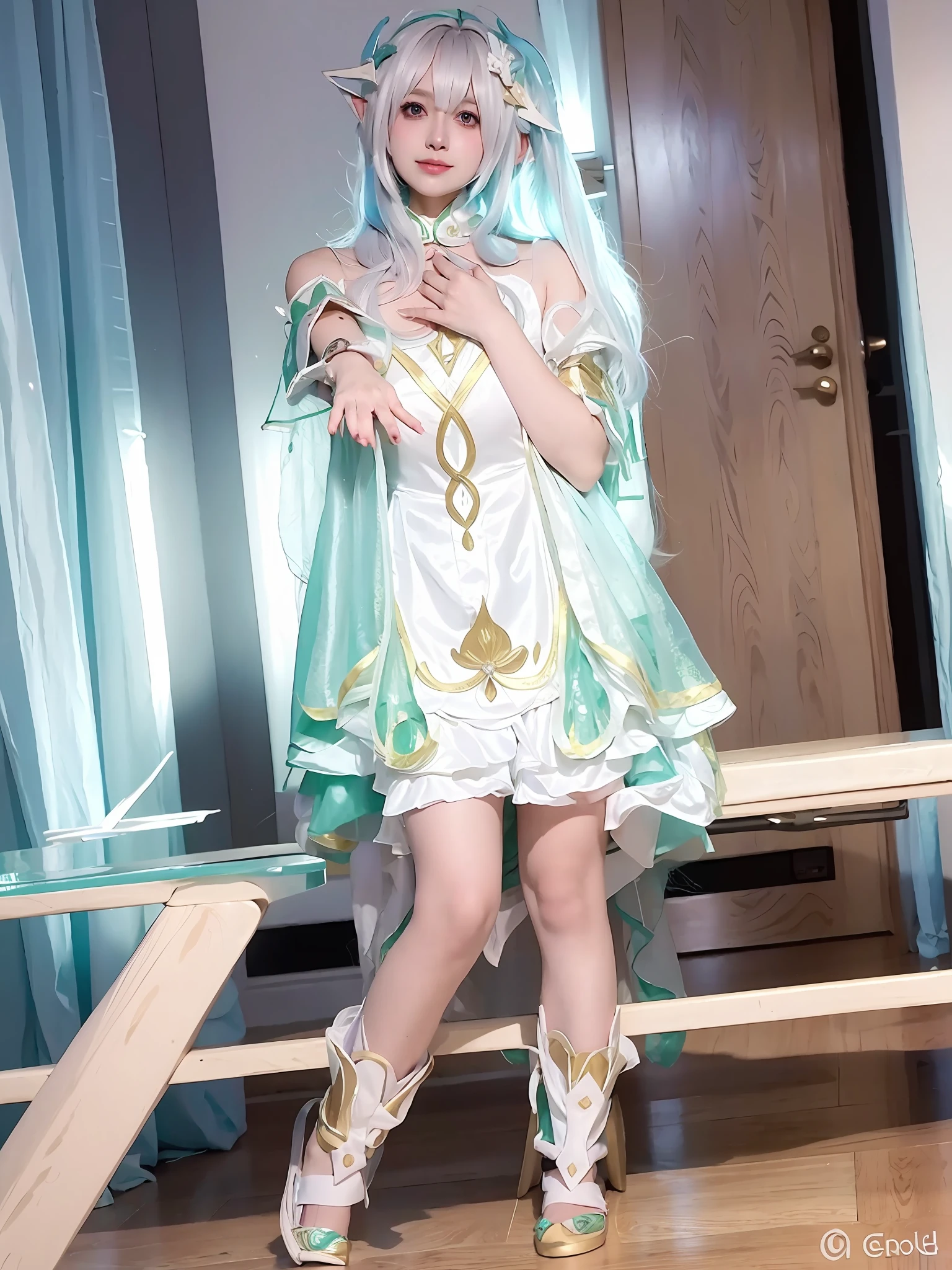 Arad woman posing for photos in white dress and green hair, anime girl cosplay, anime cosplay, gorgeous cosplay, cute anime waifu in beautiful clothes, seductive elf princess knight, lady palutna, palutna, fashion rpg costume, koqing from Genshin impact, anime goddess, very beautiful elf supermodel, fantasy dress, dream scene, swaying fire, magic, supernatural scene