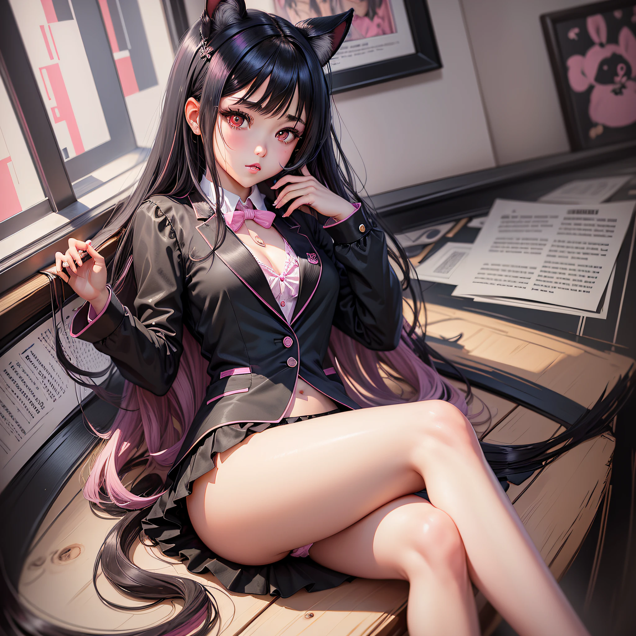 Masterpiece, best quality, super detailed, illustration, portrait, 1girl, black_hair, bunny girl, long legs, black silk, pink eyes, long hair, school uniform, bikini blonde pink tips --auto --s2