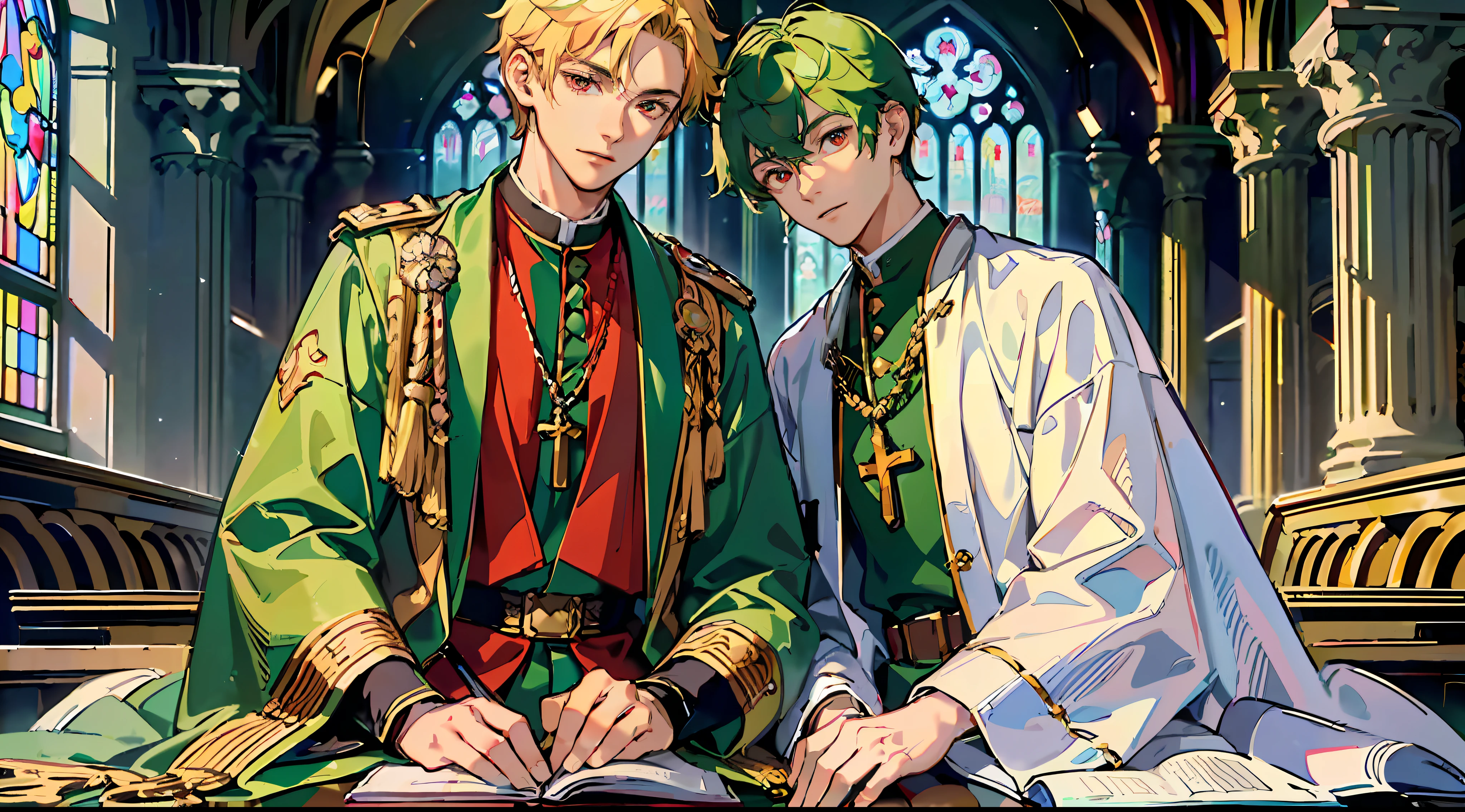 (Masterpiece: 1.4, highest image quality)),two young men facing each other in church ,and
highest image quality, extremely cute and beautiful 2young mens,(beautiful young man very short blonde hair and red eyes and military uniform:1.2),and highest image quality, extremely cute and beautiful 2young mens,(cute young man and green hair and big eyes and clergy robes:1.2) ,dynamic pos