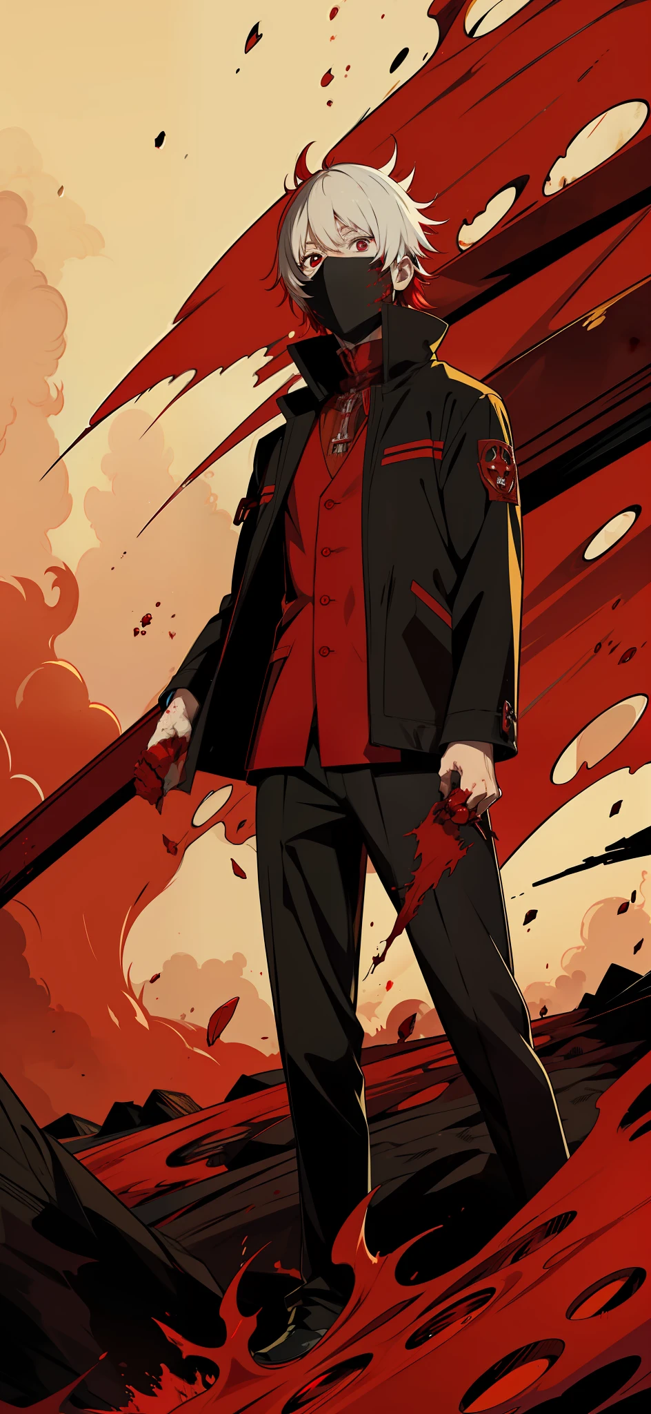 Red tone, Kaneki Ken, mask, red eyes, blood, blood, multiple tails, red sky, the ground is full of bones, green turns red, black clothes, blood-red eyes, eyes glowing sky like blood, and centipedes grow behind it