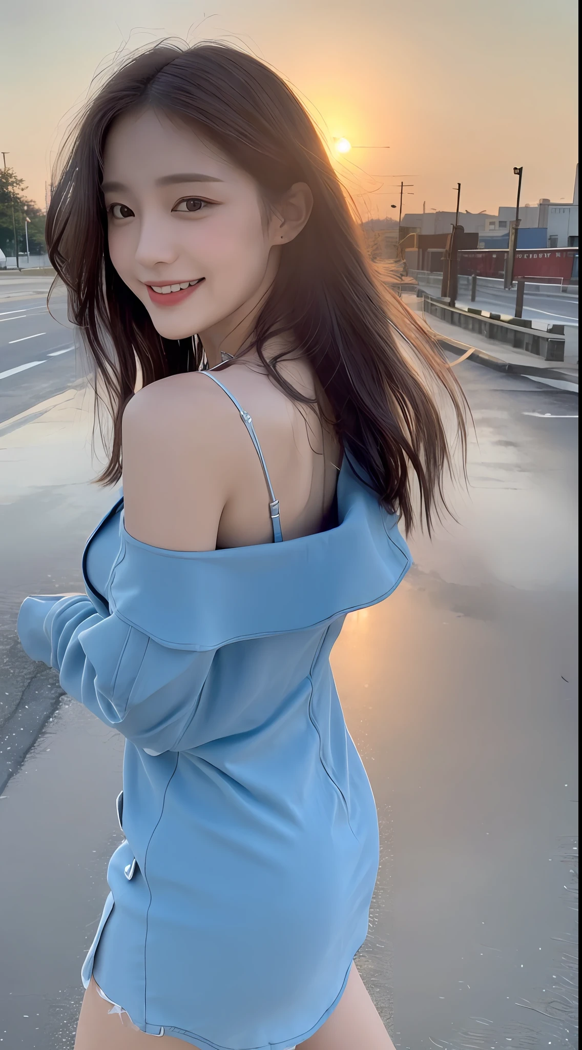 ((Top Quality, 8K, Masterpiece: 1.3)), Focus: 1.2, Perfect Body Beauty: 1.4, Ass: 1.2, ((Layered Haircut, Breasts: 1.2)), (Wet Clothes: 1.1), (Sunset, Street: 1.3), Bando Dress: 1.1, Highly Detailed Face and Skin Texture, Narrow Eyes, Double Eyelids, Whitening Skin, Long Hair, (Shut Up: 1.3), Smile