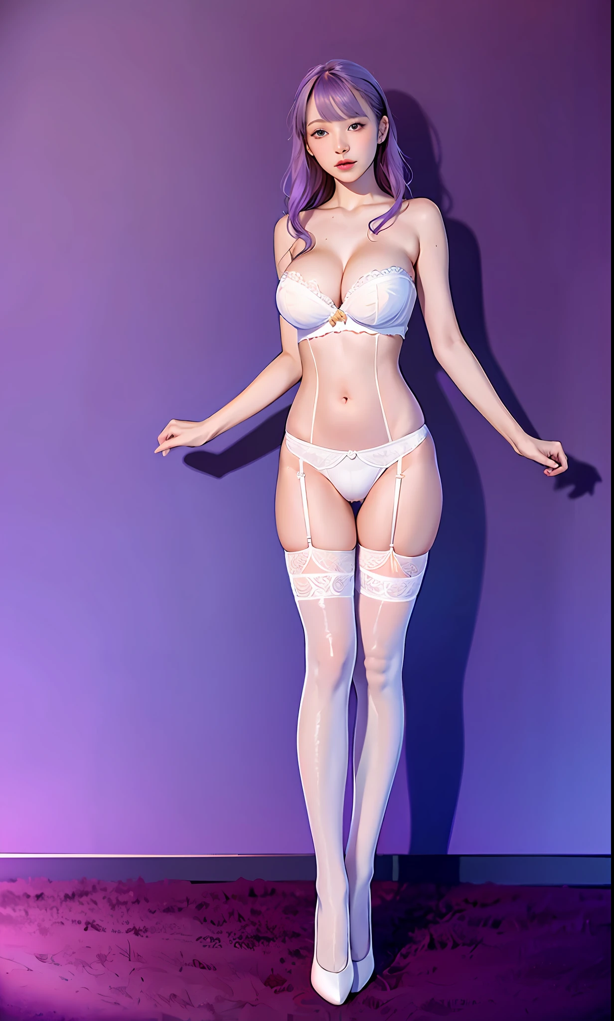 best quality,absurdress, 1 19 year old girl wearing white bra, big bust, blue eyes, purple hair (long, wavy, voluminous),long hair, white lingerie( strapless bra, thong panties, garter belt, stockings 7/8), full body, looking at the viewer