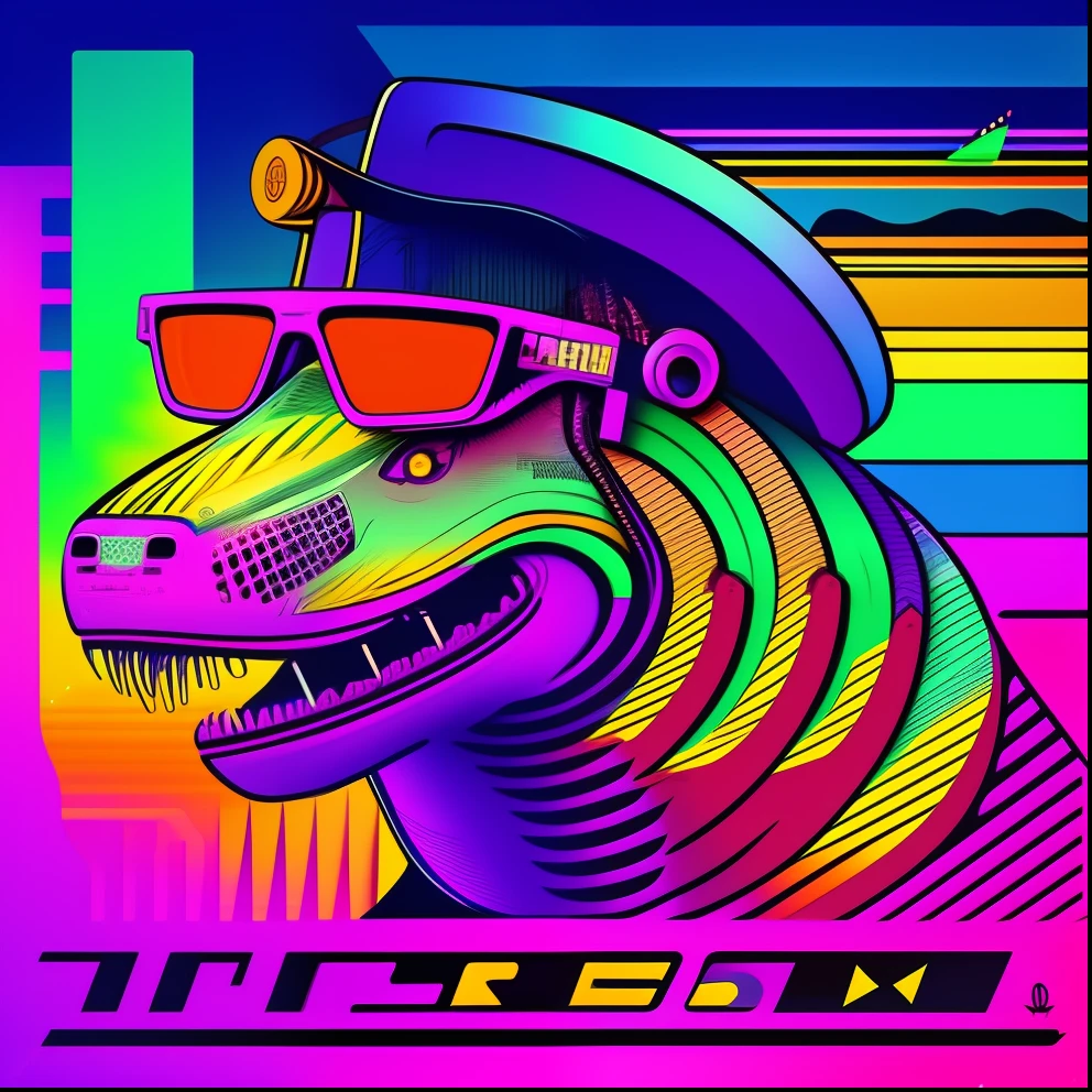 A stylized illustration of a T-Rex wearing sunglasses and a hat, on a vibrant rainbow background. The image evokes the synthwave art style of the '80s, with touches of retro-futuristic alien technology. The scene is a unique blend of hyperbeast design and retro-wave vibes, creating a masterpiece that combines elements of the vaporwave style with the nostalgic charm of the past. Tags: round style