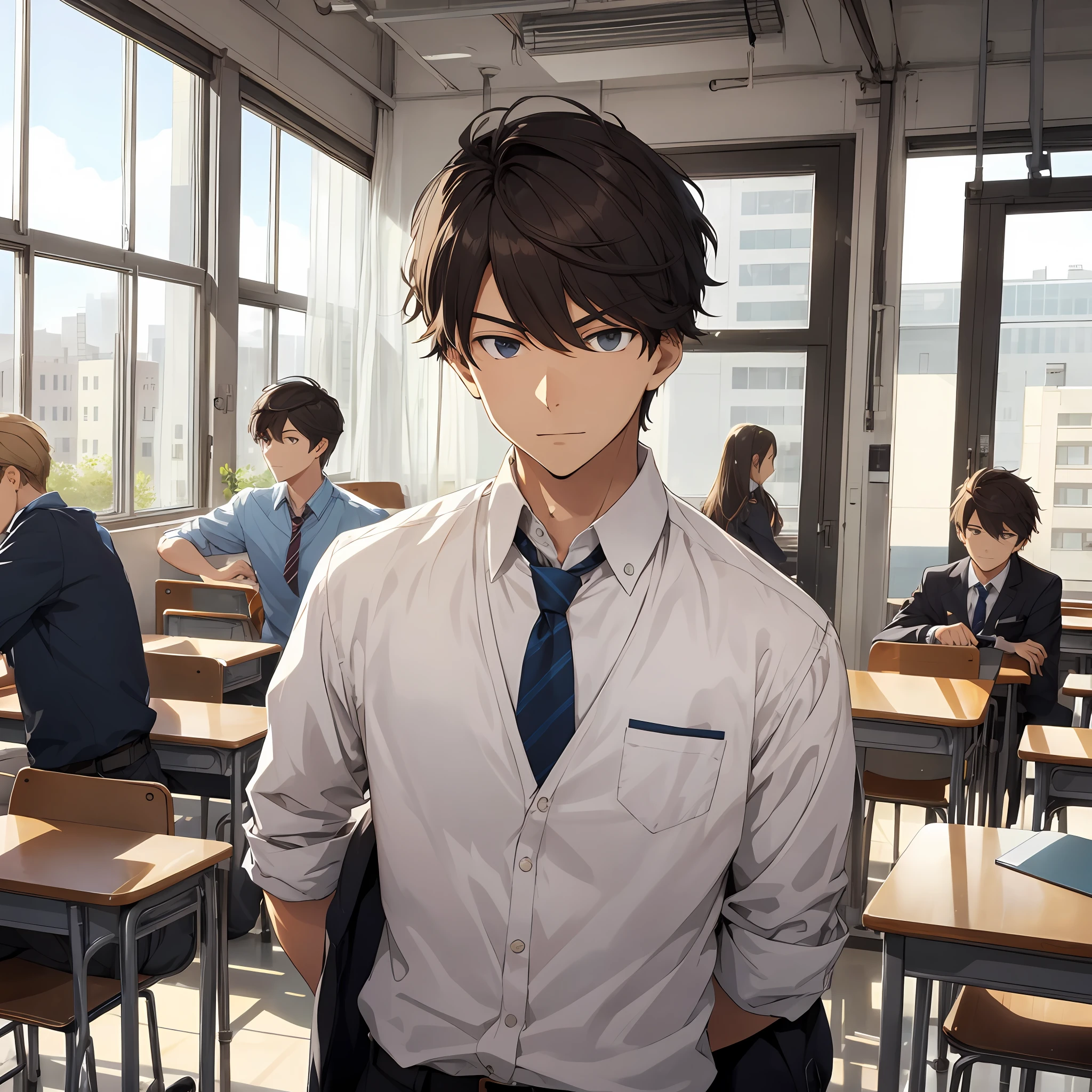 One, handsome high school boy with a positive perspective, an arrogant expression, a close-up, and a classroom in the background