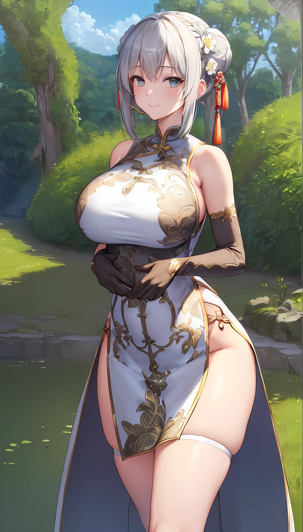 (((Highly detailed, highly detailed CG unified 8k wallpaper, illustrations, high resolution, absurdity, beautiful detailed eyes, fine breasts, highly detailed hair)), ((Masterpiece))
outdoor, sky, cloud, grass,
((beautiful detailed eyes)),
1 Girl, Solo, Chongqing
POV crotch,
cowboy shots,
bangs, mouth closed, short hair, gray hair, double bun, chest, smile,
gloves, (thigh)), elbow gloves, white thighs, white gloves, hair ornaments, shawls, side slits, dresses, sleeveless, (floral), pelvic curtains, skirts, red skirts, shoes, red footwear, alternative costumes, bare shoulders, (clothes fur trim: 1.1), hair flowers, chinese dress, chinese clothes ((big tits)) torn buttocks