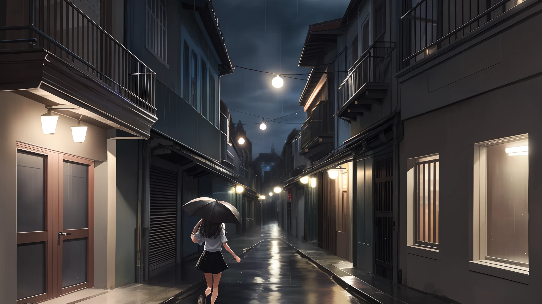 At night, it rains and a beautiful girl runs in a small alley