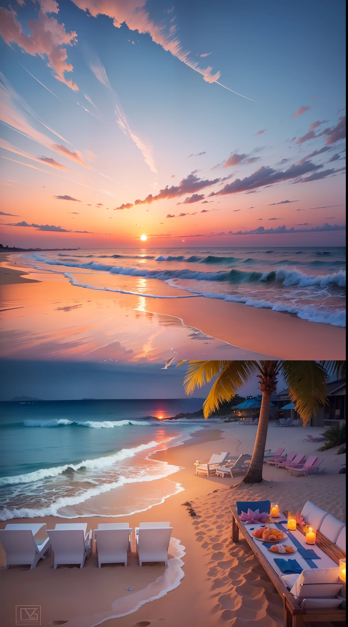 Absolutely mesmerizing sunset on the beach with a mix of oranges, pinks and yellows in the sky. The water is crystal clear, gently kissing the shore, and the white sand is endless. The scenes are action-packed and breathtaking, with seagulls soaring high in the sky and palm trees swaying gently. Immerse yourself in the calm atmosphere and let the serenity surround you.