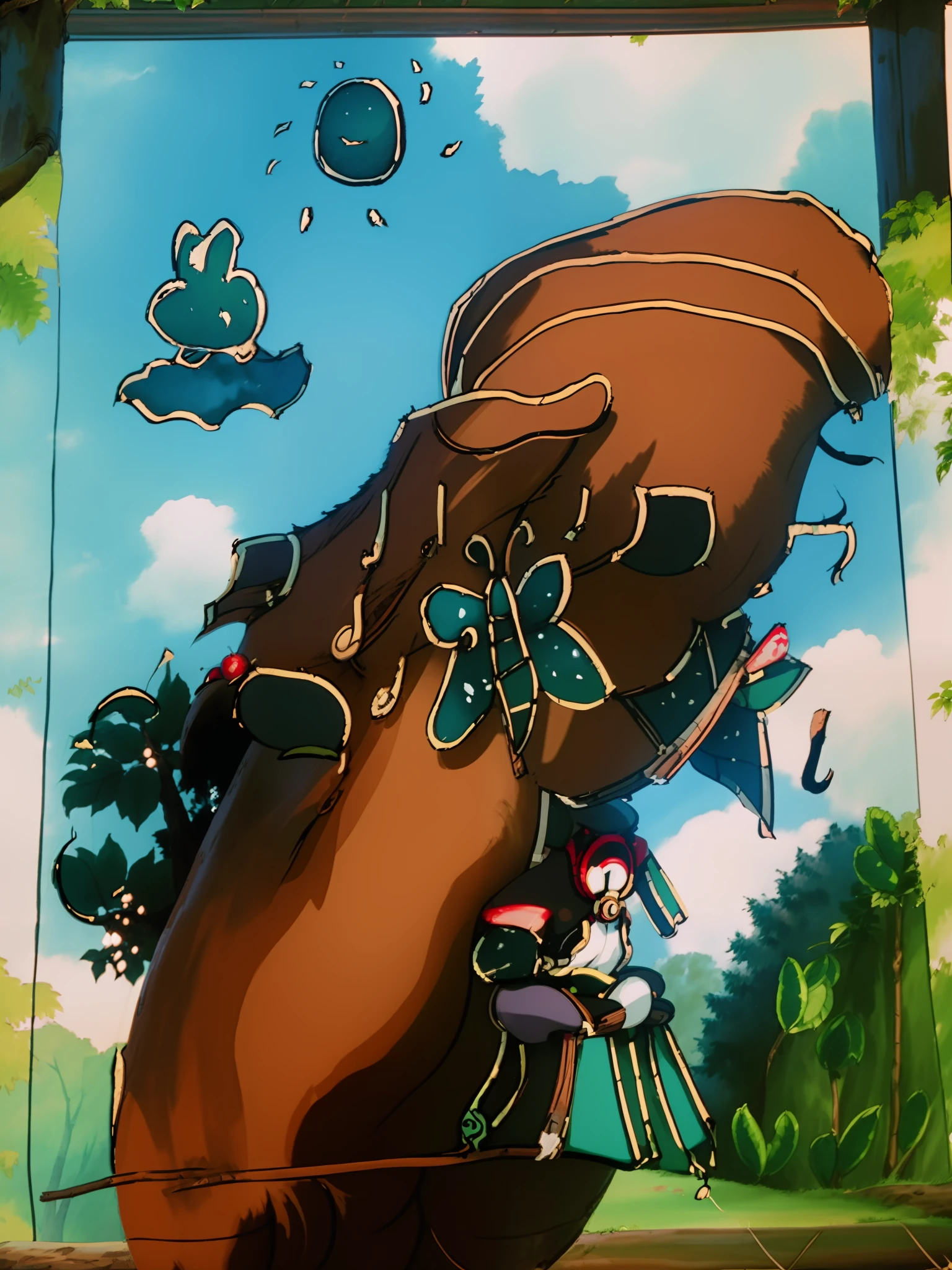 (HD, elegant) At the center of the scene is a huge tree with a multiplied trunk and lush foliage, hung with ripe, brightly colored red apples. We can see several small animals circling around under the tree. (Depicting scene details, showing vitality and richness)