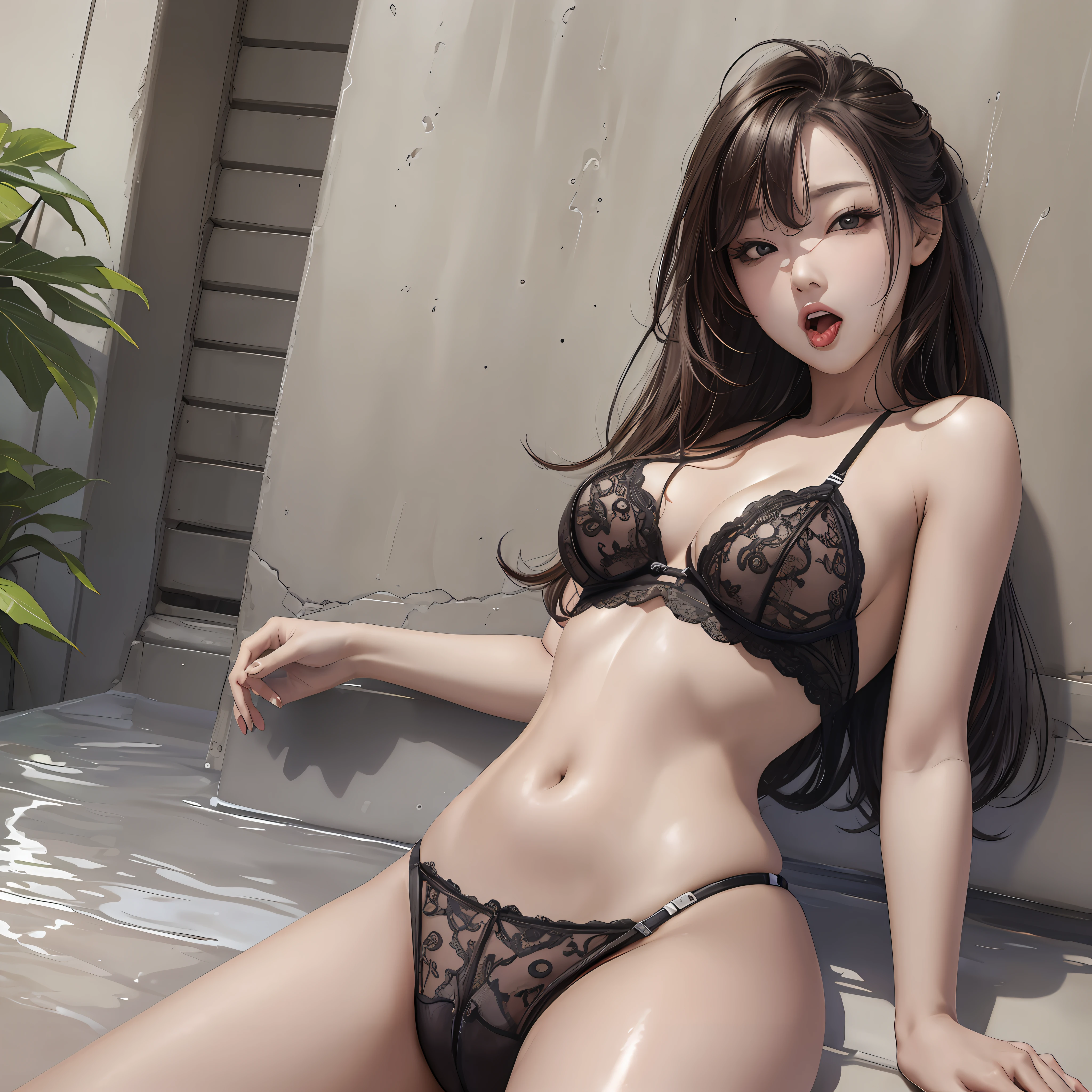 Female, outdoor, lying down, open thighs, sexy and provocative pose, surrealism, realistic style, detailed depiction, mouth open and tongue sticking out, Korean beauty, perfect body, side leaky flesh, sheer lingerie --auto --s2