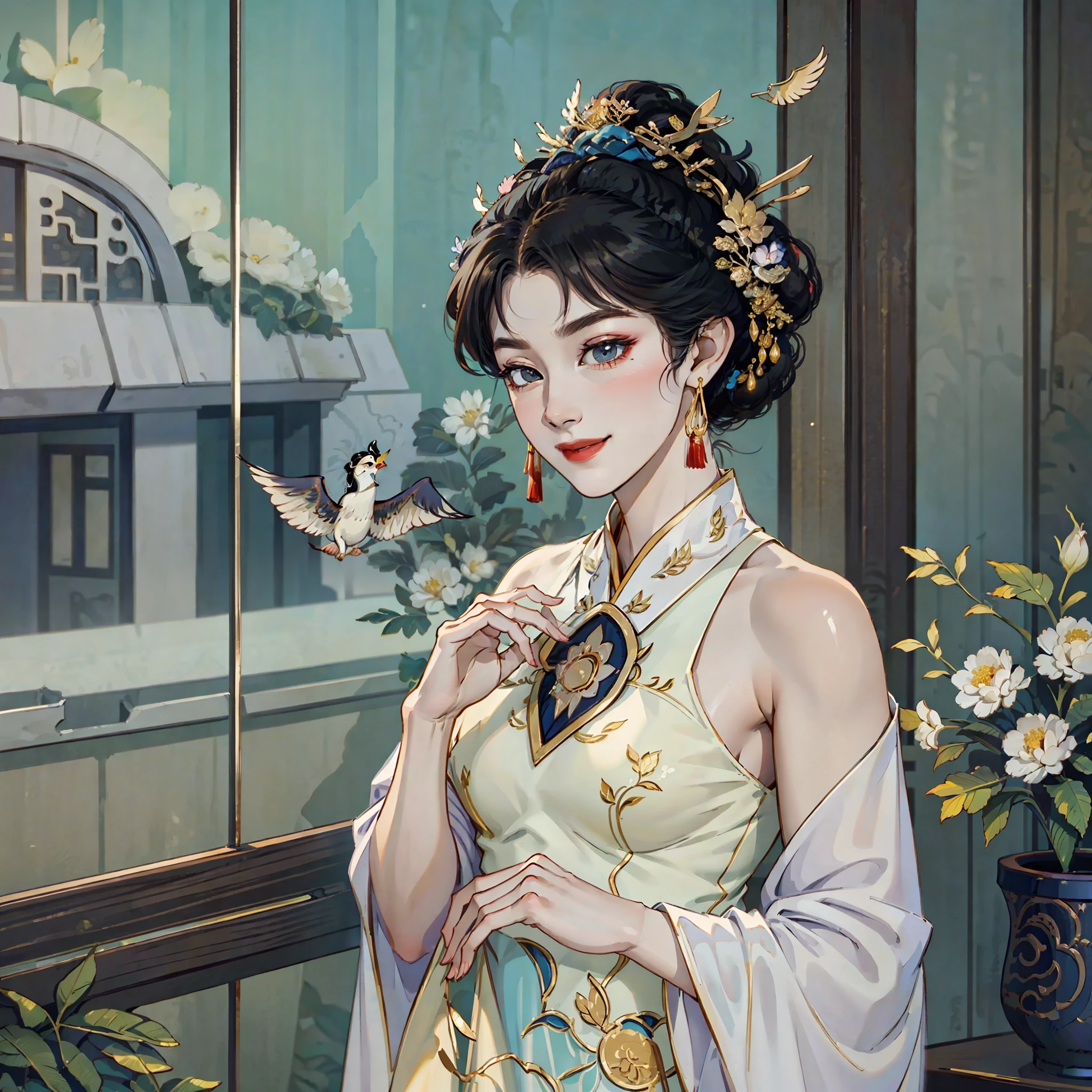 Stand sideways, elegent, Look ahead, As graceful as a swan, Wearing a silk cheongsam, The cheongsam pattern is delicate, wavy hair, kamina shades, hoop earrings, smile, Sony FE GM, Hyperrealism, depth of field, UHD, retina, masterpiece, 4K, high details --auto --s2