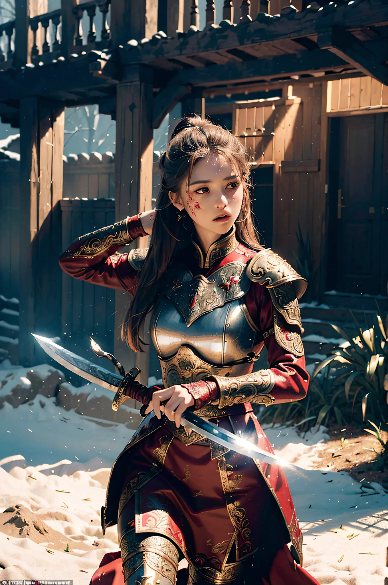 ((Masterpiece))), (((Best Quality))), ((Ultra-detailed)), (Surreal), (Highly Detailed CG Illustration), Cinematic Light, Realistic, Very Beautiful Young Female General, Dressed in Red Armor, Holding a Sword in Her Hand, Fighting to Kill the Enemy, Lots of Blood in the Air, Negative Female General Bleeding, Blood on Her Face, Blood on Her Knife