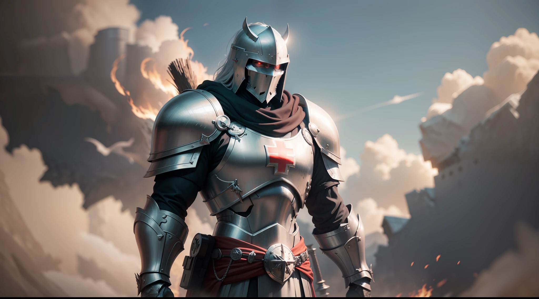 An imposing Knight Templar stands in a desolate landscape, wearing shining armor with a red cross on his chest. He wields a long sword and holds a shield adorned with the symbol of the Templars. In the background, debris and smoke bear witness to past battles. His posture conveys confidence and authority, while his eyes reveal determination., Surrealism, high detail, cinematic lighting, Sony FE GM, lens flare, f/1.8, 135mm, 35mm, first-person view, vanishing point, UHD, anatomically correct, 8k, award winning, best quality, high details