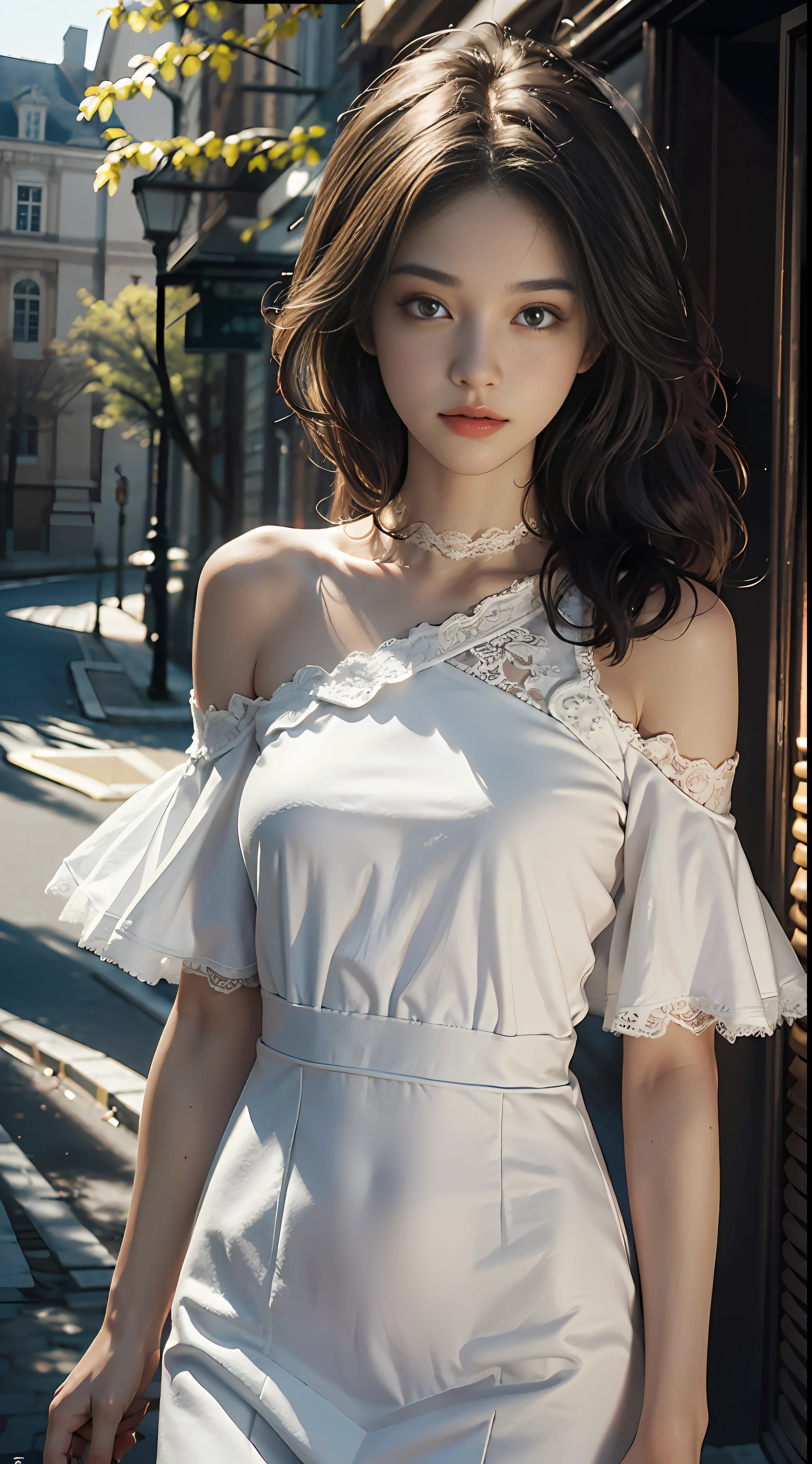 Best Quality, Masterpiece, Ultra High Resolution, (Realisticity: 1.4), Original Photo, 1girl, Bare Shoulder, Film Lighting, White Clothes, Dress, Lace, 18 years old