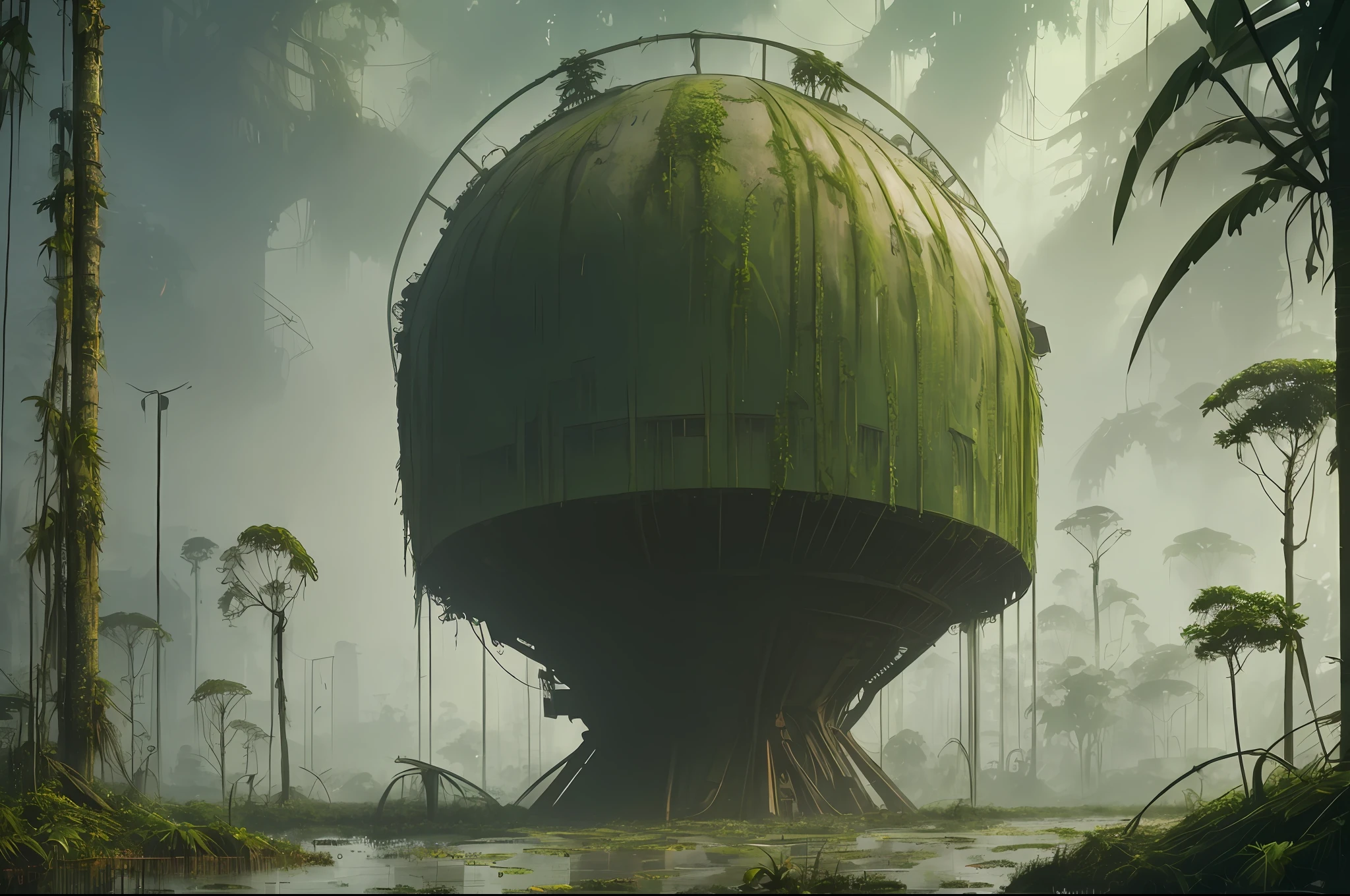 stalenhag, (dense alien jungle swamp:1.3), old destroyed parts rust atom nuclear, sci-fi, knots colorfully raw surface, smooth round shapes, hdr, 8k, 4k, octane renderer, huge detailed, artstation