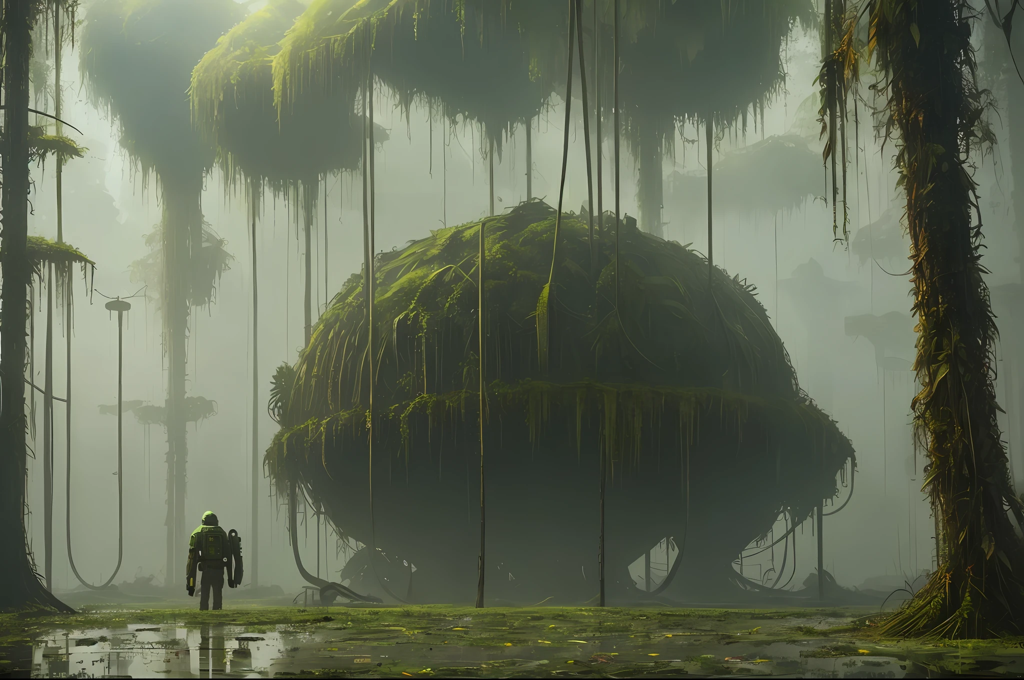 stalenhag, (dense alien jungle swamp:1.3), old destroyed parts rust atom nuclear, sci-fi, knots colorfully raw surface, smooth round shapes, hdr, 8k, 4k, octane renderer, huge detailed, artstation