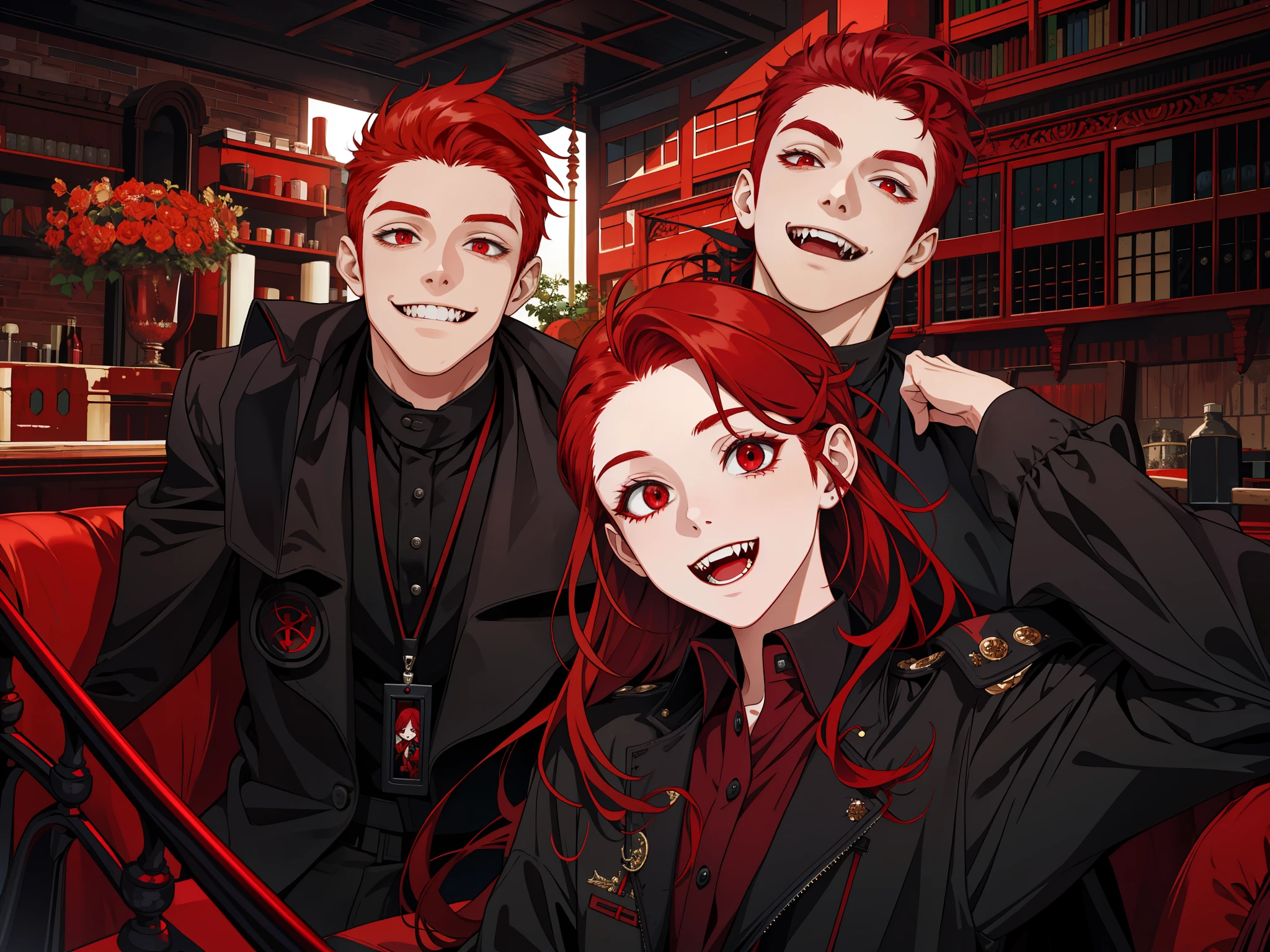 masterpiece, best quality, highres, 1girl, solo, modern vampire, red hair girl, long hair, open hair, red eyes, evil smile, 2 young boys on her both sides, both vampires with red hair, red and black outfit, scary background