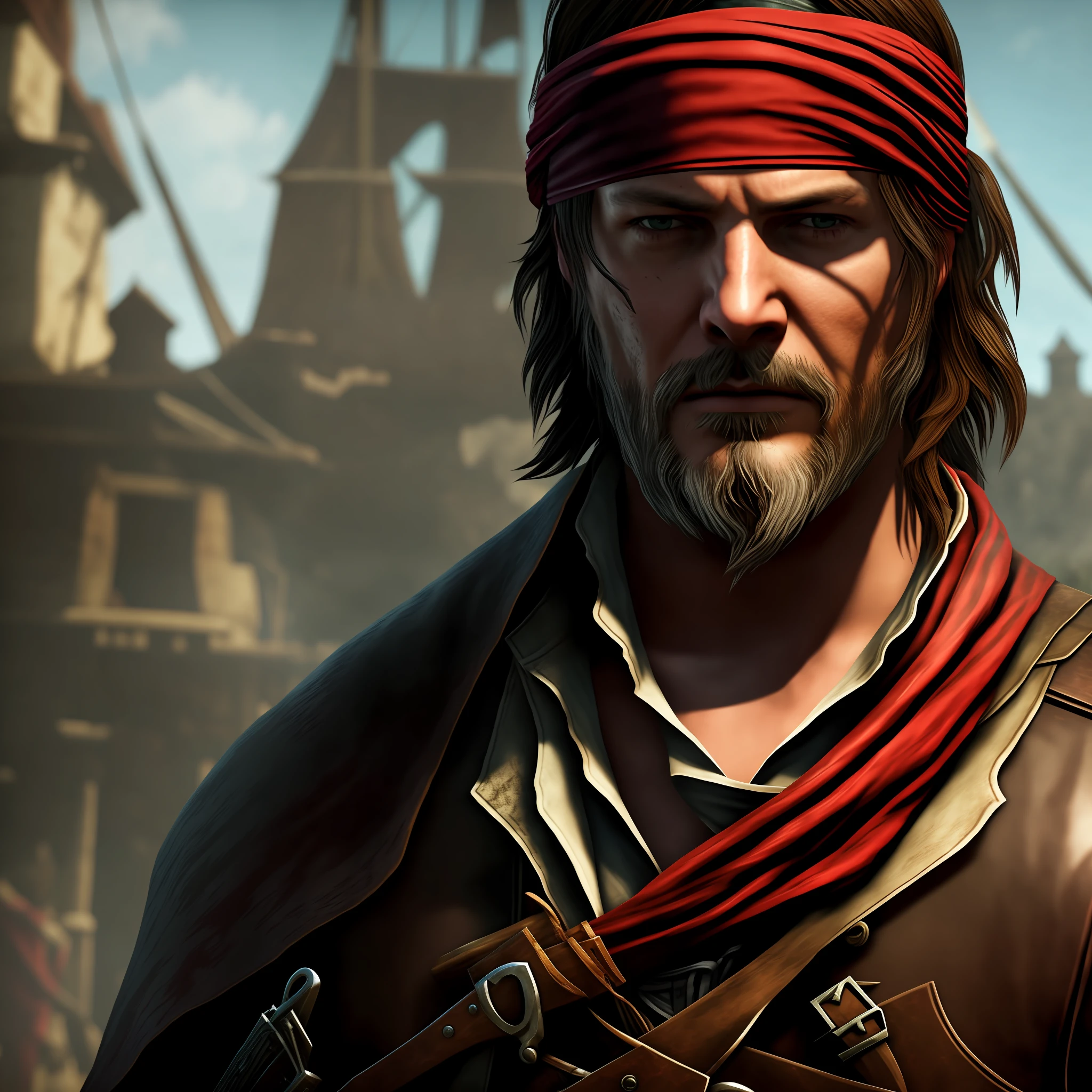 Norman Reedus, Assassin's Creed, Calico Jack Rackham, Dark Beard, Eyeshadow, Top Quality, Glaring, Wearing a Red Bandana on His Head, Dread, Alone, Solo