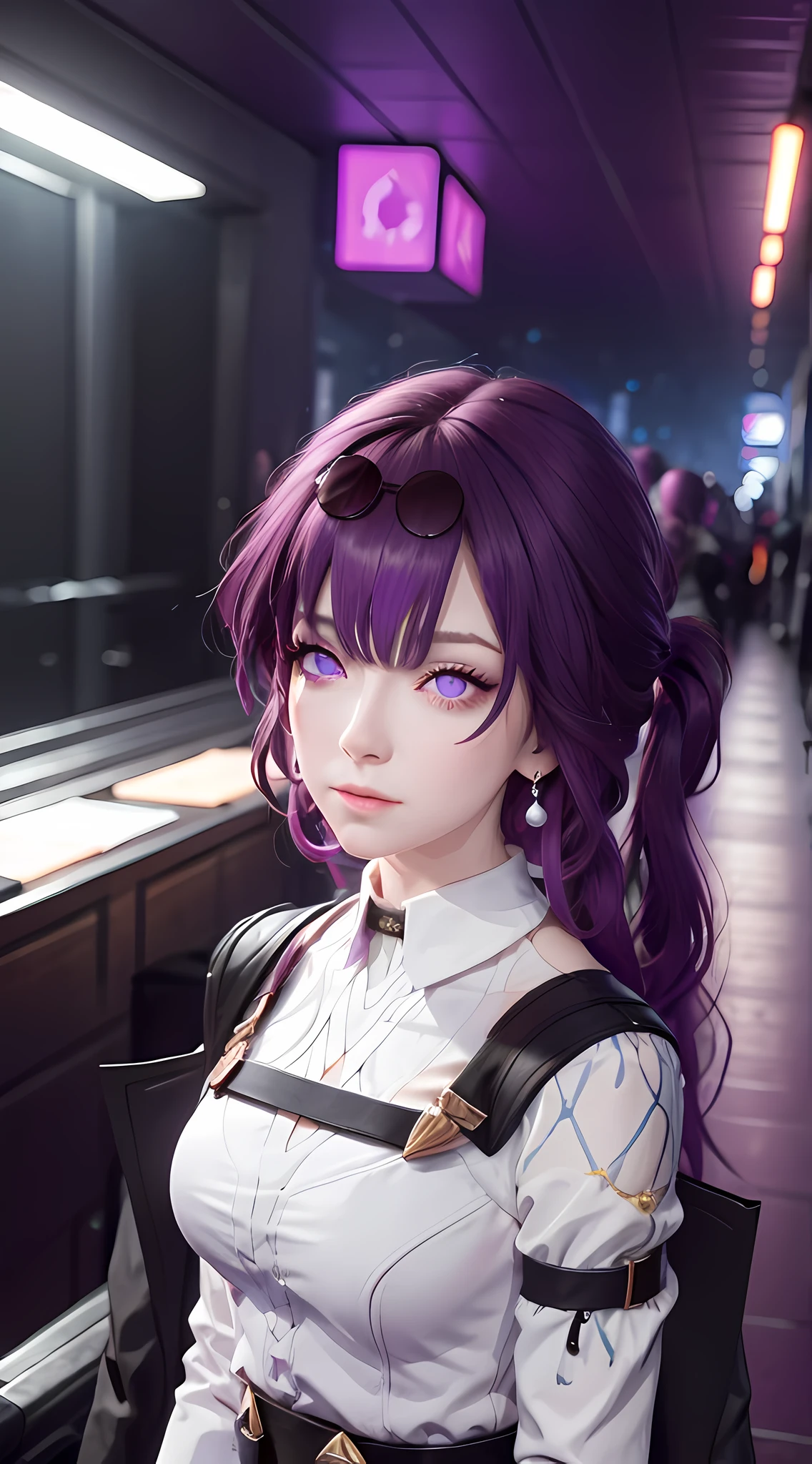 Masterpiece, Best Quality, 1girl, Official, Two Purple Eyes, Purple Hair, Bustiness, Cowboy Shot, Looking at the Audience, Dark, (Darkness), Cinematic Light, Edge Light, Detailed Eyes, (pureerosface_v1:0.5), Looking at the Audience, (Realisticity: 1.2), Provocative, Honkai Star Track, Arrogant, Bangs Evil Face, Fantasy Background, Symmetry of Left and Right Eyes
