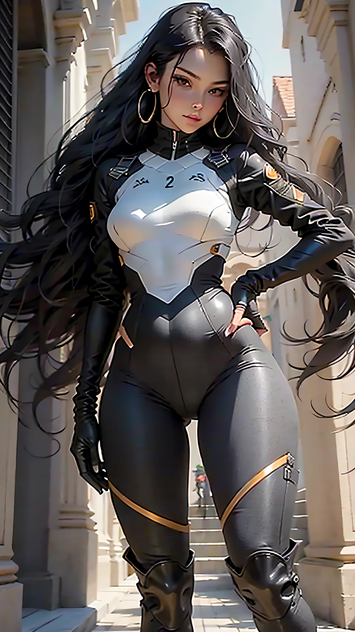 A beauty, close-up portrait, long black wavy hair, defined body, slender legs, wearing delicate earrings, wearing a black low-cut high-forked combat suit, (camel toe), black pantyhose on her legs, and black over-the-knee boots on her feet