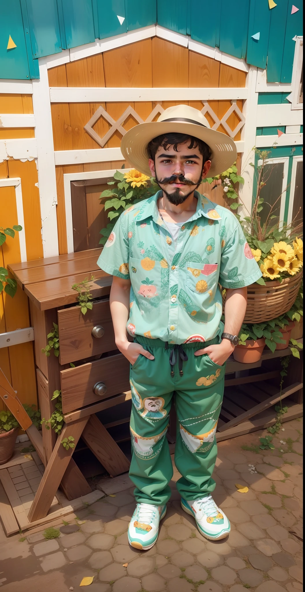 A boy with a mustache and beard, wearing June party clothes (( roça))