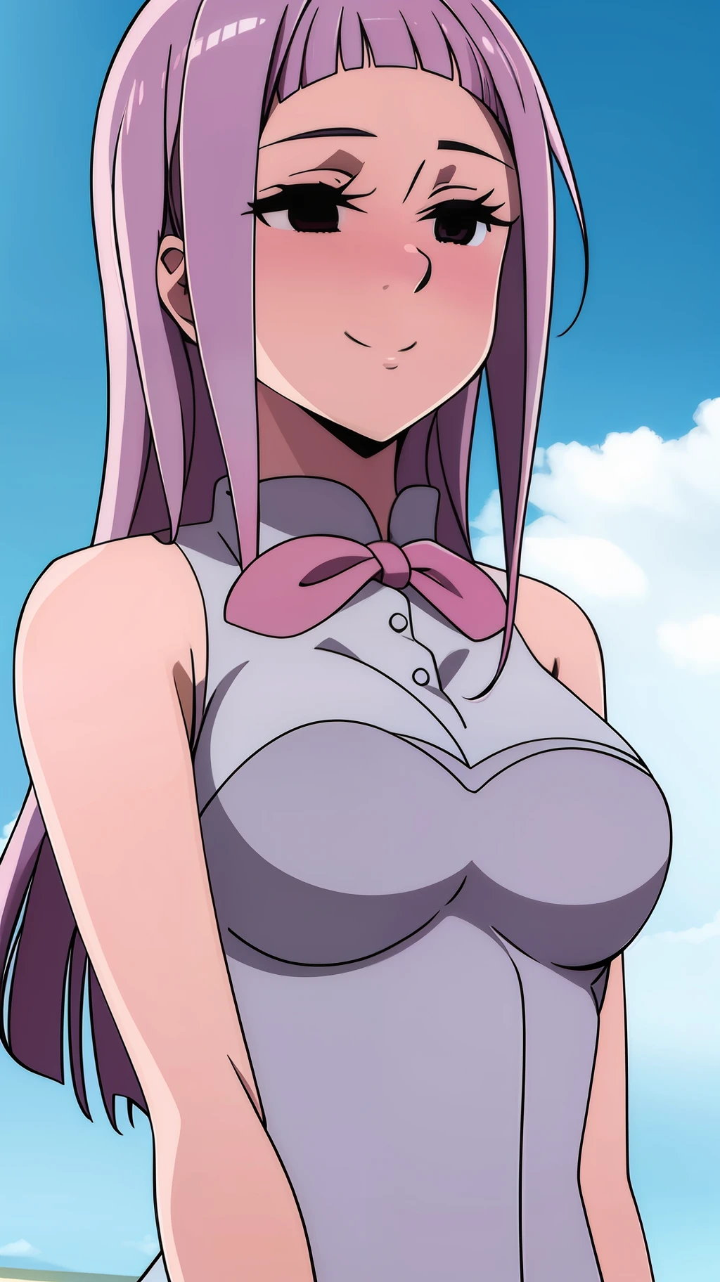 ((masterpiece)), ((best quality)), melascula, empty eyes, 1girl, solo, long_hair, medium_breasts, pink_hair, purple hair, blunt bangs, smile, blush, on a beach, bikini