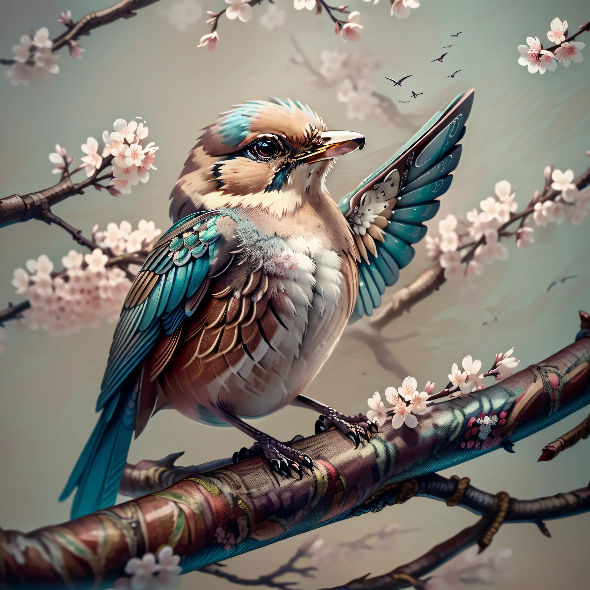 "1 Sparrow bird with open wings flying, cherry blossom, wings open, wings spread upwards, masterpiece of superior quality, officially beautiful art and aesthetics, realistic and detailed 8k, yang08k."