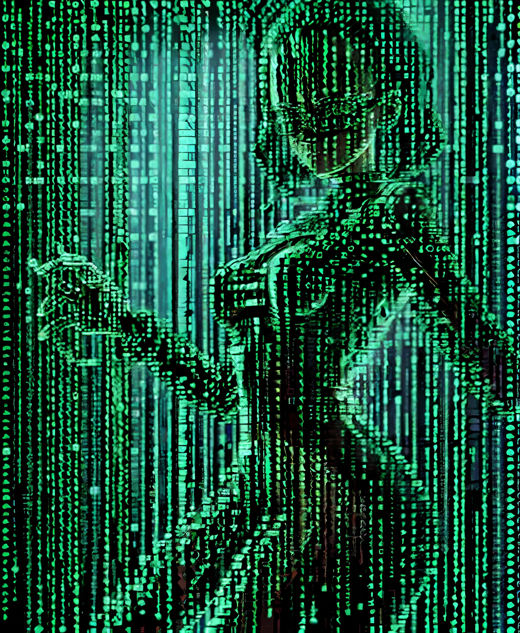 woman made from binary code matrix, art made from binary code matrix, binary code matrix style, green black colors, 2.5d illustration, luminism