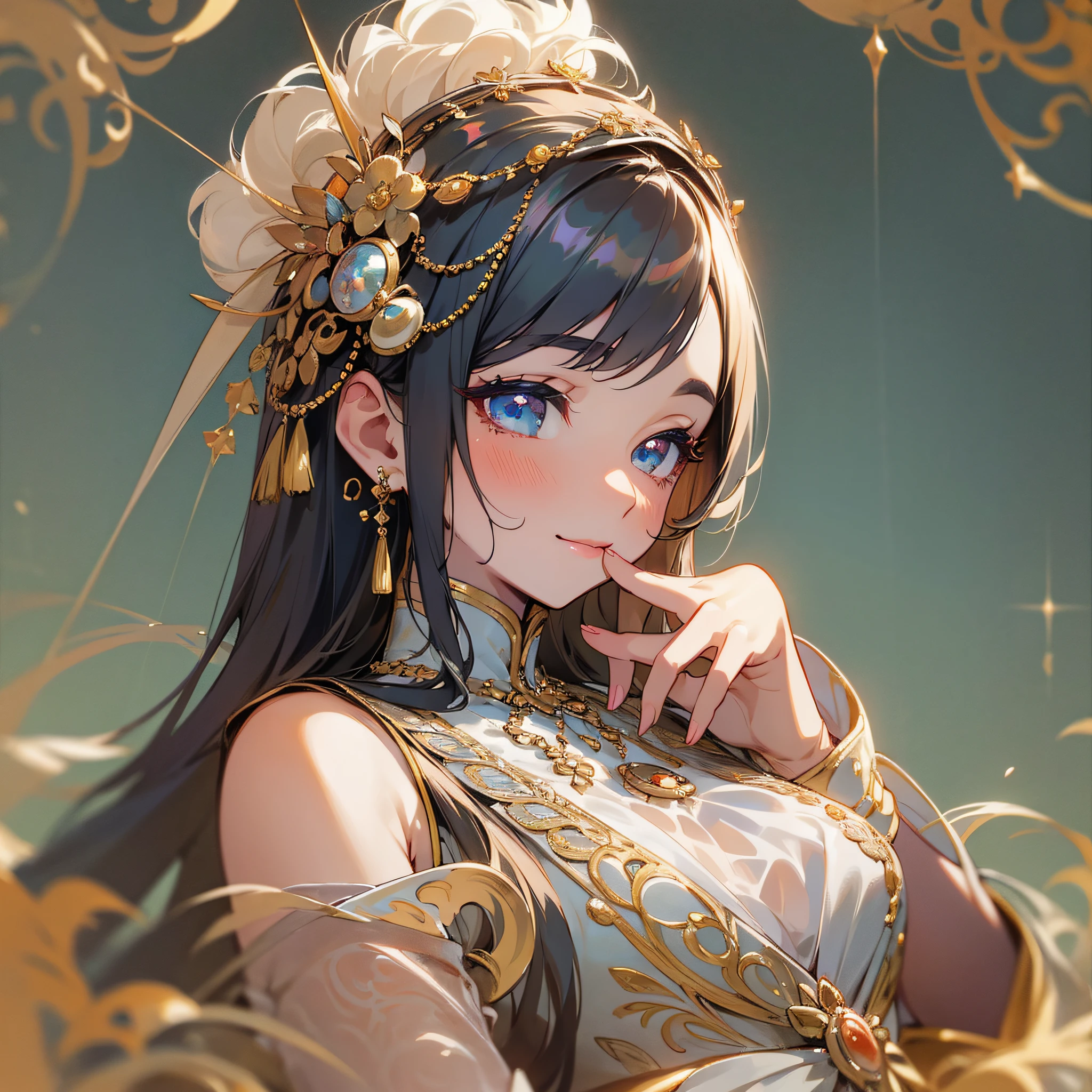 (masterpiece), the best quality, high-definition illustration, smooth skin, pearl-like beauty, eyes with affection, slightly drooping eyelashes, shallow smile, simple antique clothing, intimate embellished with gorgeous details, rich luster, soft lines, moderate depth of field, enumerated a variety of beautiful words, angle overlook, the background is warm and elegant. --auto --s2