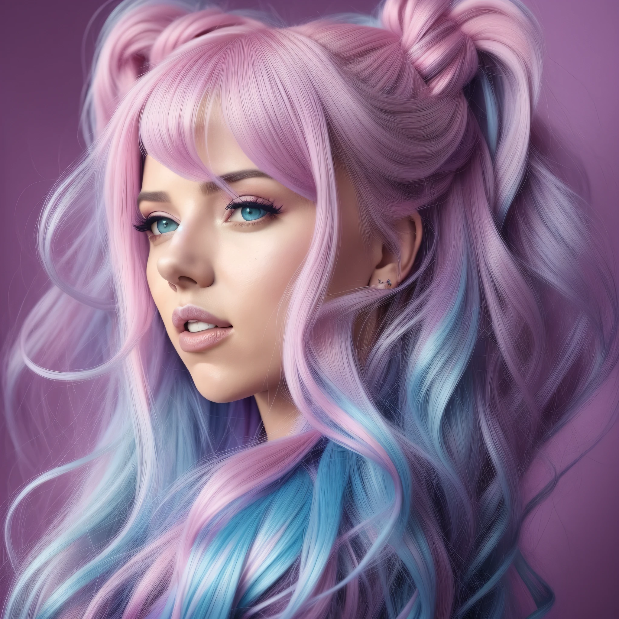 a closeup of Scarlett Johansson 26 years old a pink and blue hair, pastel gothic aesthetic, pastel gothic, vibrant fantasy style, colorful pastel, vibrant pastel colors, colorful pig's tail, colorful aesthetics, fantastically pastel colors, lovely cute color, twintail pink hair and cyan eyes, bright pastel color, anime vibes, kawaii aesthetics, long hair with pastel colors, pastel color