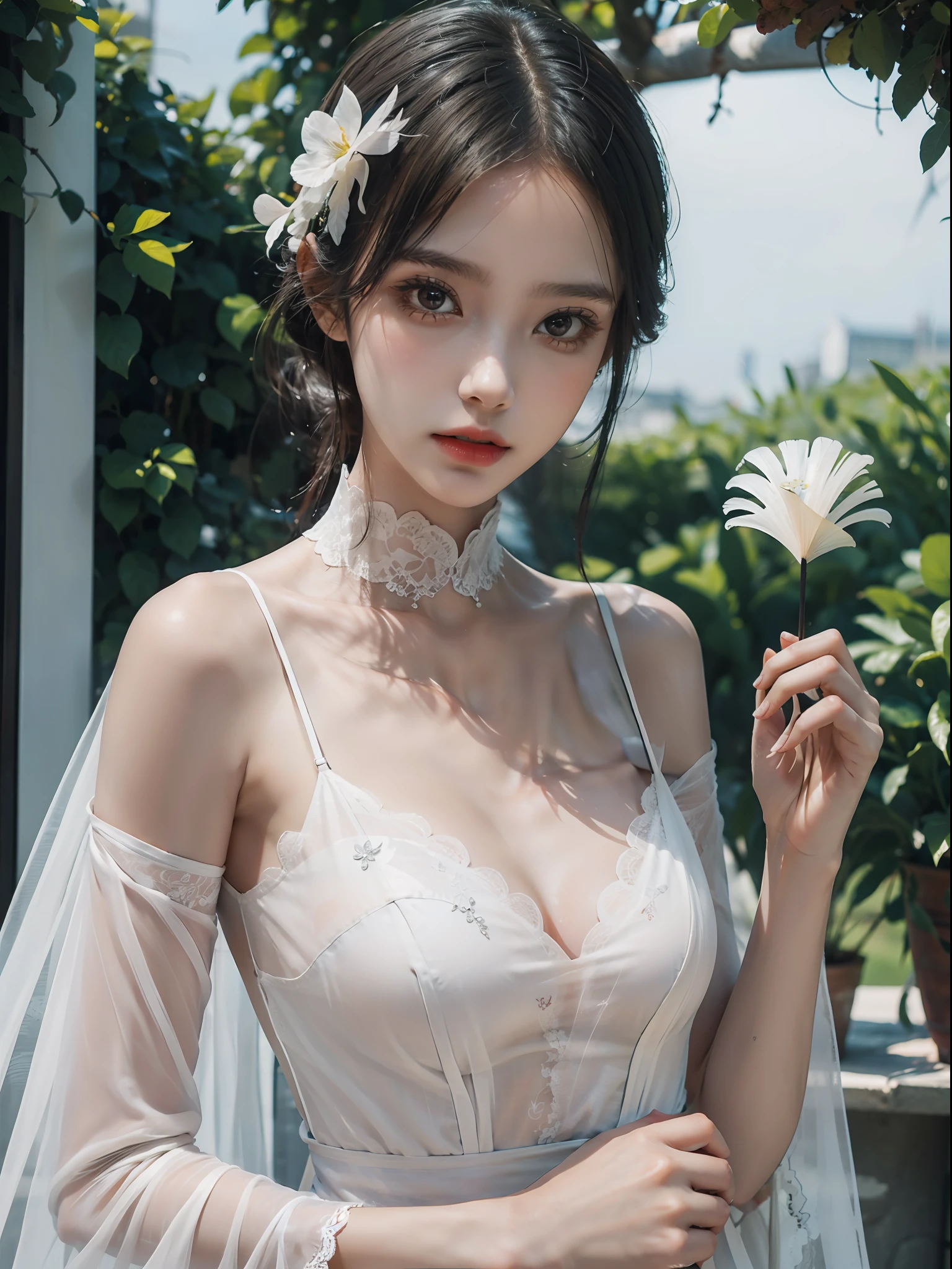 1 girl,solo, tall and slim, delicate facial features, and deep eyes. wears a beautiful gown, with a white flower on her head and a white feather fan in her hand, appearing very classy.