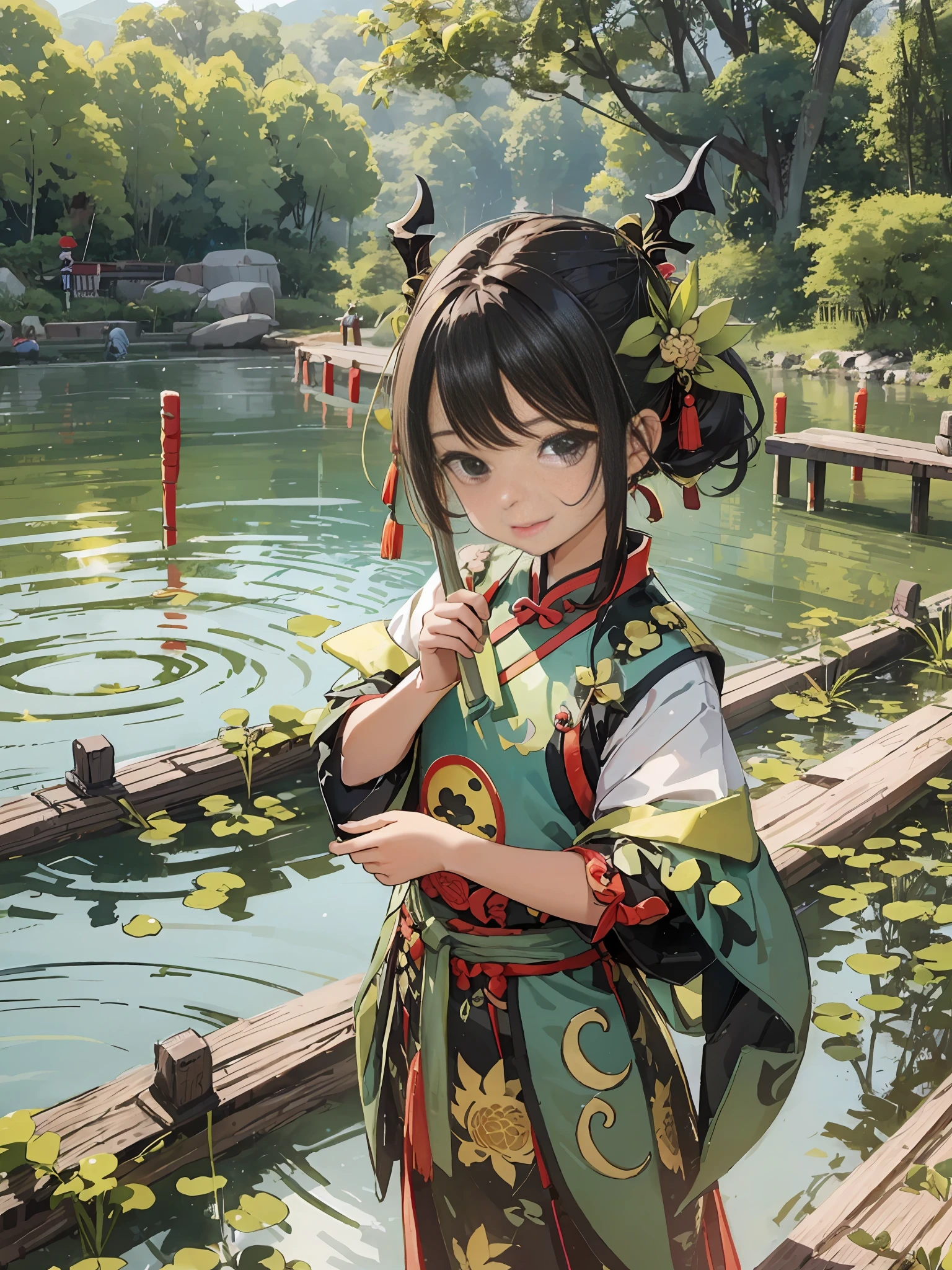 A cute young girl, Chinese style, Dragon Boat Festival atmosphere, zongzi, dragon boat