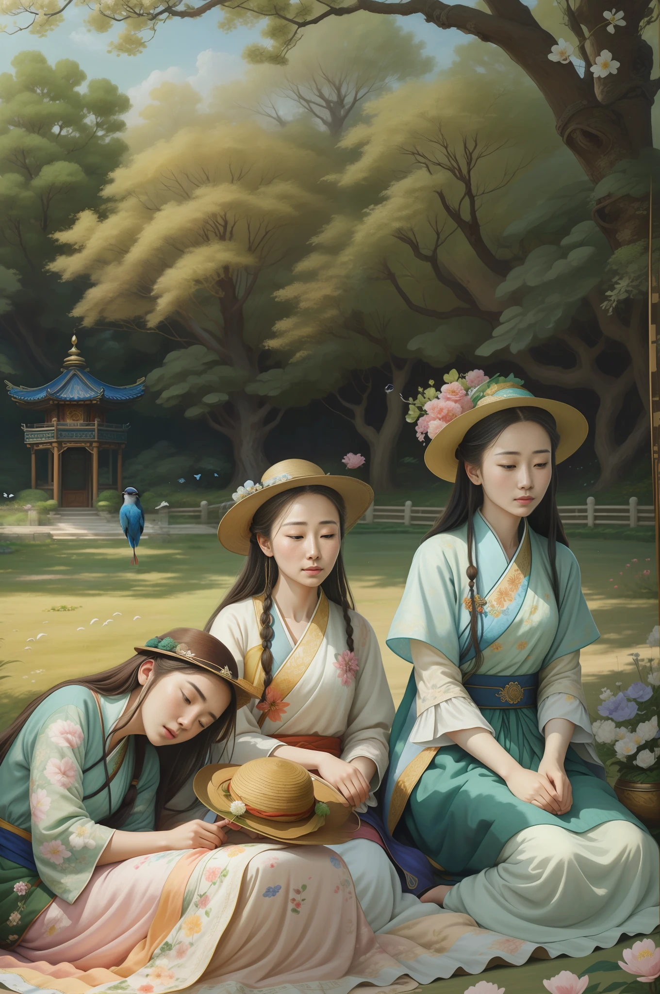there are three women sitting on a blanket ,smallest girl taking an afternoon nap,mother with expression of benign,wide brim straw hats,emperor's garden,flowers and birds oil painting,eastern royal family