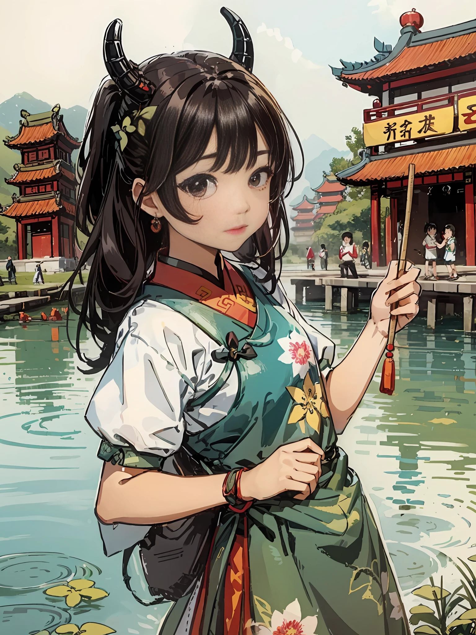 A cute young girl, Chinese style, Dragon Boat Festival atmosphere, zongzi, dragon boat
