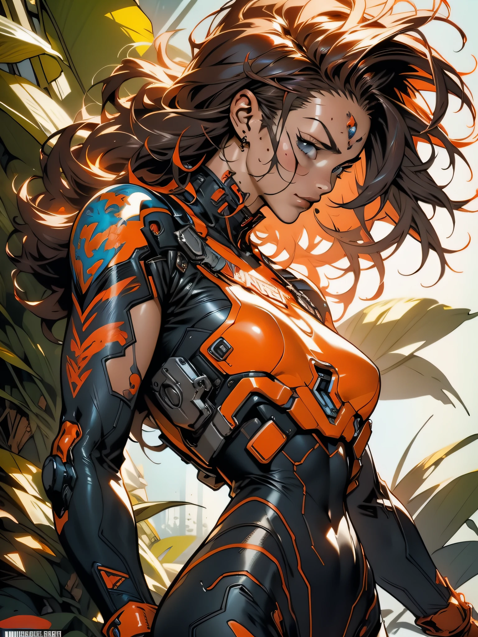 (((woman))), (((best quality))), (((masterpiece))), ((((adult))), (((whole body)))), A muscular 35-year-old warrior woman almost naked in Simon Bisley's urban savage style for the cover of Heavy Metal magazine, colorful mohawk hair, Minimum clothing, orange and blue carbon fiber armor full of ink-stained tips and rivets,