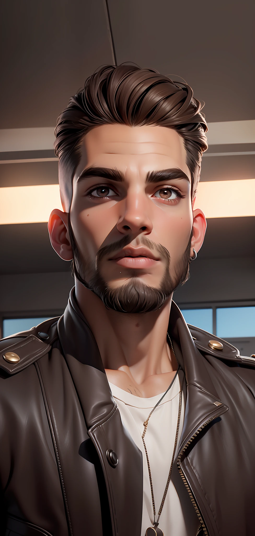 ((Best Quality, 8K, Masterpiece: 1.3)), handsome, young man, smooth skin, stylish, topknot, hunter's eyes, brown eyes, tan, leather jacket, bad boy