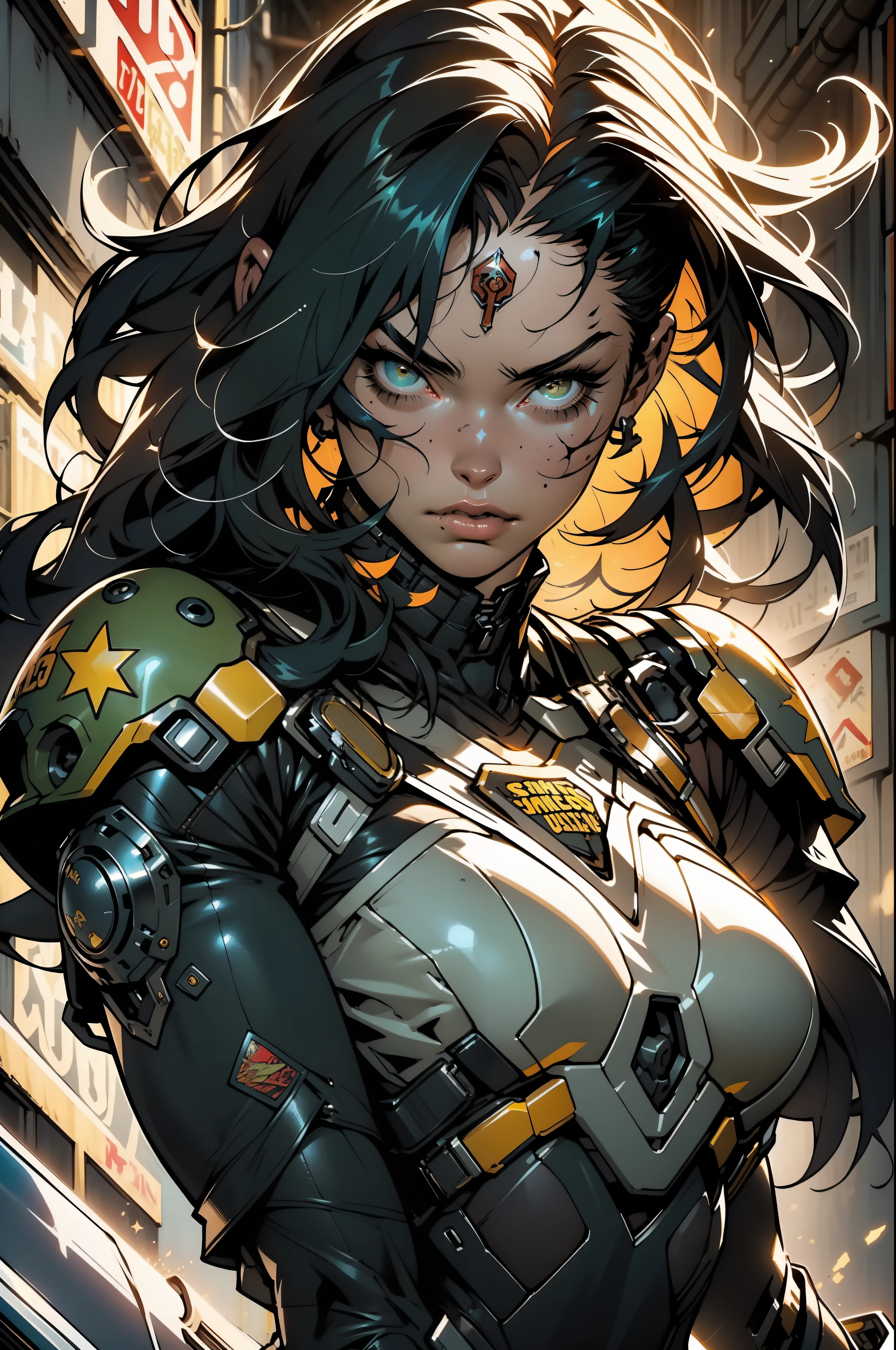 (((woman))), (((best quality))), (((masterpiece))), (((adult))), (((whole body)))), A muscular 35-year-old warrior perfect body, almost naked in Simon Bisley's urban savage style for the cover of Heavy Metal magazine, black hair with bangs on her forehead, Minimum clothing, dark green and yellow and blue armor with white stars, full of ink-stained tips and rivets,