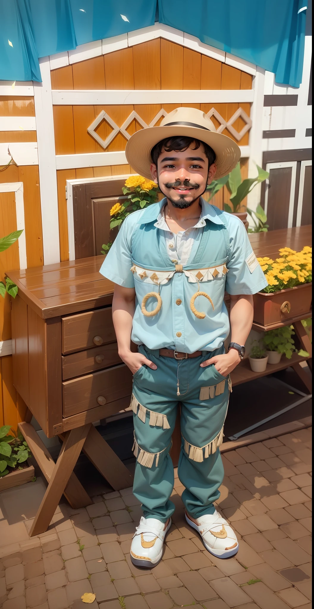 A smiling boy with dull cheeks, light brown skin color, with mustache and beard, wearing June party clothes (( swidden))