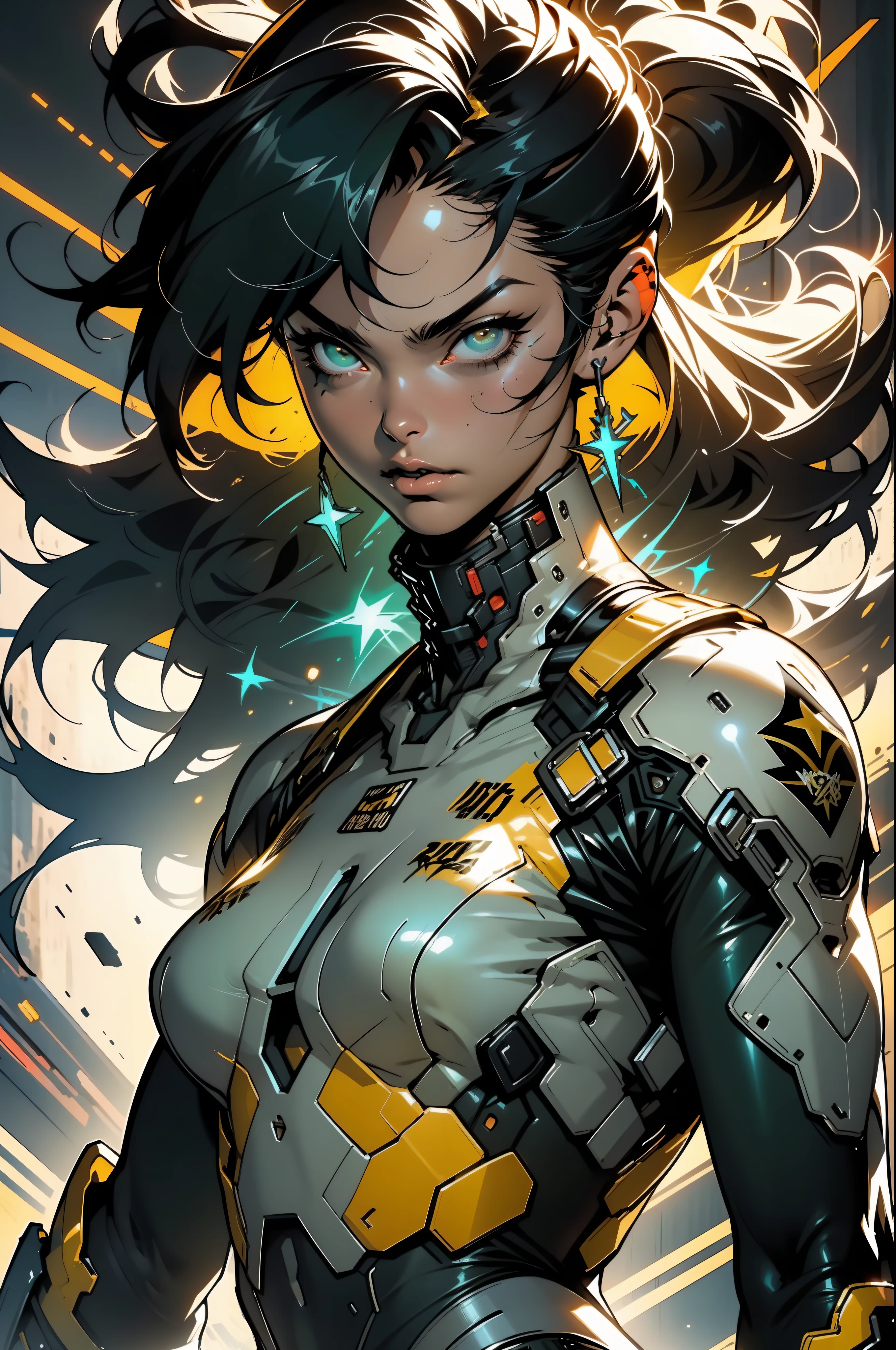 (((woman))), (((best quality))), (((masterpiece))), (((adult))), (((whole body)))), A muscular 35-year-old warrior perfect body, almost naked in Simon Bisley's urban savage style for the cover of Heavy Metal magazine, black hair with bangs on her forehead, Minimum clothing, dark green and yellow and blue armor with white stars, full of ink-stained tips and rivets,