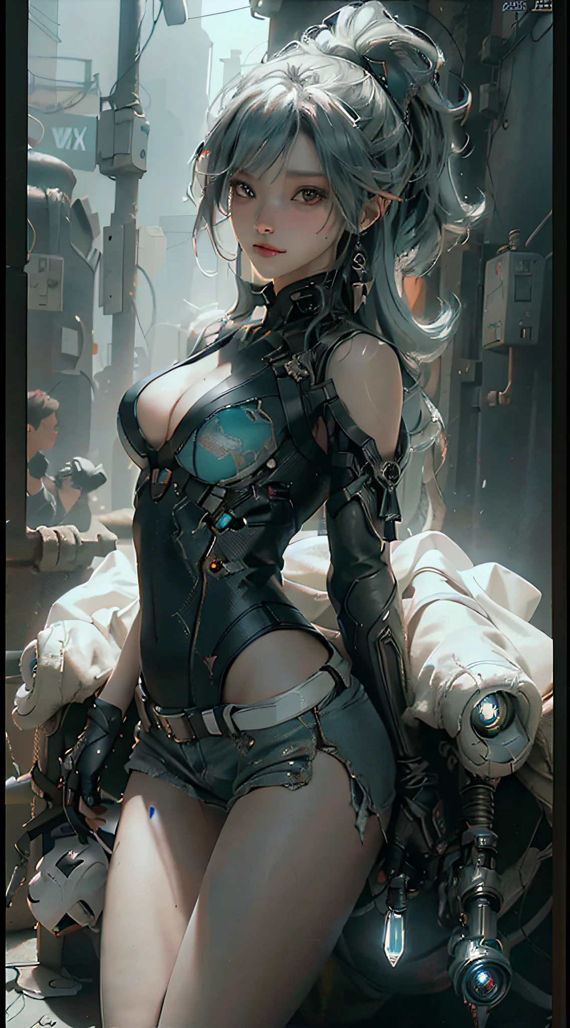 ((Best Quality)), (Masterpiece)), (Details:1.4), 3D, Beautiful Cyberpunk Woman Image,HDR (High Dynamic Range),Ray Tracing,NVIDIA RTX,Super Resolution,Unreal 5,Subsurface Scattering,PBR Texturing,Post-Processing,Anisotropic Filtering,Depth of Field,Maximum Clarity and Sharpness, Multi-layer textures, albedo and specular maps, surface shading, accurate simulation of light-material interactions, perfect proportions, octane rendering, two-tone lighting, wide aperture, low ISO, white balance, rule of thirds, 8k raw, cleavage, cyber city, teal & orange, shorts, bare feet,