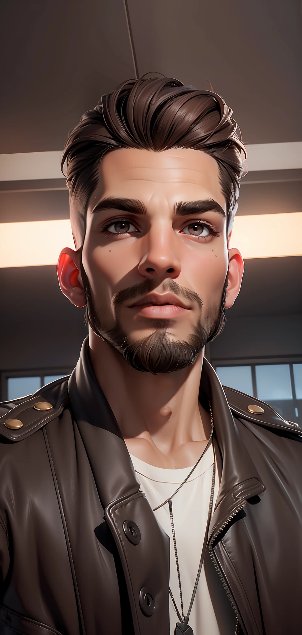 ((Best Quality, 8K, Masterpiece: 1.3)), handsome, young man, smooth skin, stylish, topknot, hunter's eyes, brown eyes, tan, leather jacket, bad boy