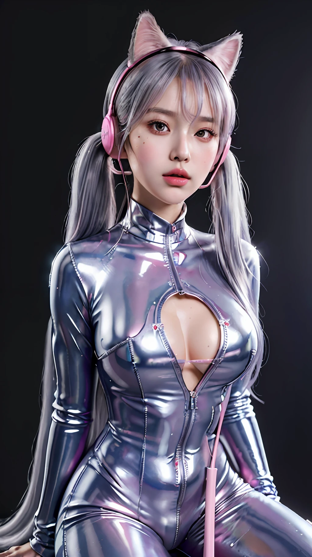 (RAW photo:1.2), (photorealistic:1.4),(masterpiece:1.4),(best quality:1.4),ultra high res,((detailed facial features)),HDR,8k resolution,Kpop idol,aegyo sal,1boy, 1girl, animal ears, bangs, blush, bodysuit, breasts, censored, covered navel, fake animal ears, grey hair, gun, headphones, headset, hetero, jacket, large breasts, latex bodysuit, long hair, looking at viewer, mosaic censoring, open mouth,, pink bodysuit, pink eyes,, rifle,, simple background, skin tight, solo focus, twintails, vaginal, weapon,alice \(nikke\),(masterpiece:1.4),(best quality:1.4),(shiny skin),(slime girl),leg spread on a